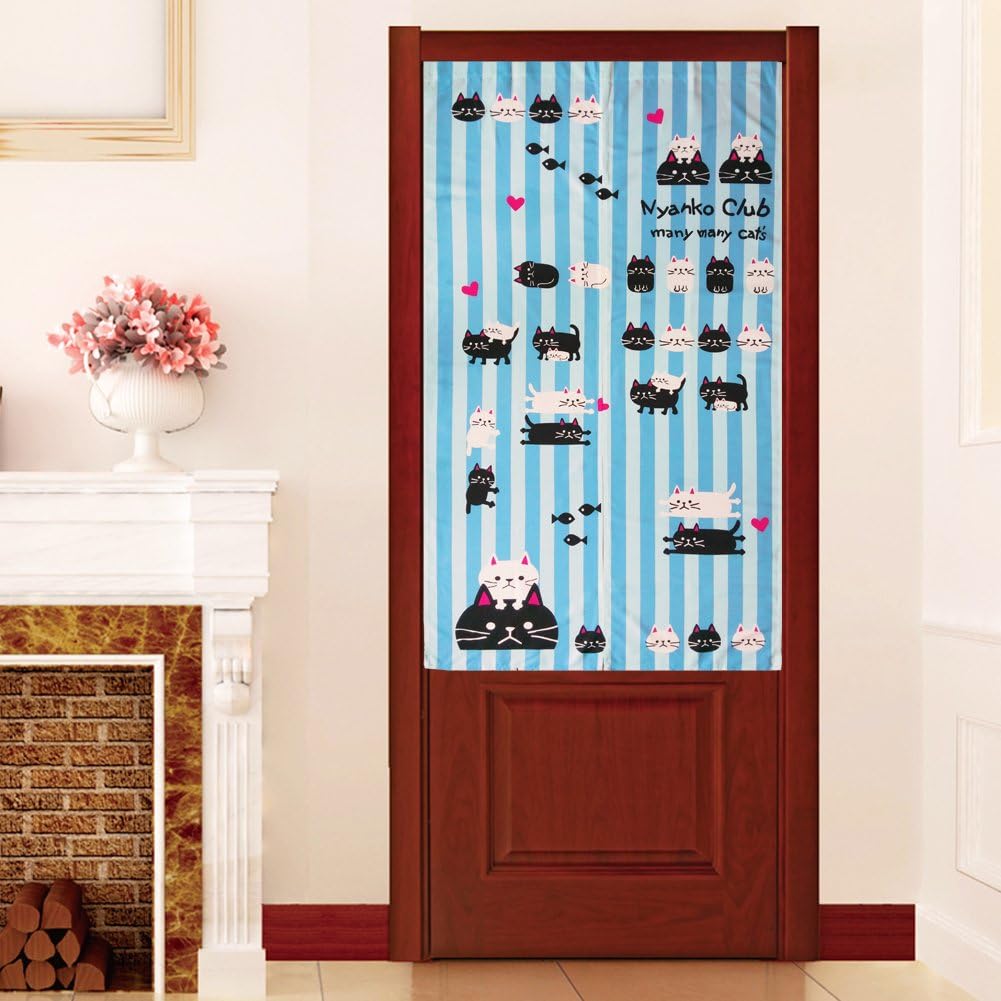 LifEast Blue Stripe Doorway Curtain Lovely Black and White Cats Catch Fish Together Pattern Japanese Noren Curtain