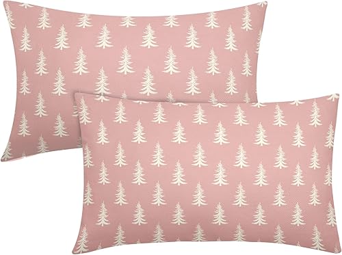 Juego de 2 fundas de almohada lumbar rosa con árbol de Navidad de 12 x 20 pulgadas, fundas rectangulares para sofá, fundas de almohada de vacaciones
