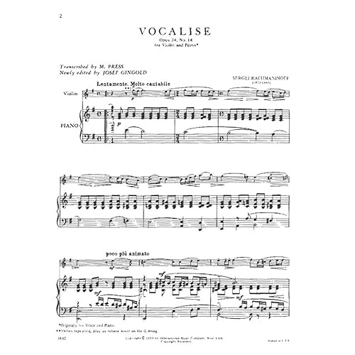 Miniatura 2 de Rachmaninoff - Vocalise Op. 34 No. 14. For Violin & Piano. Edited by Gingold. by International