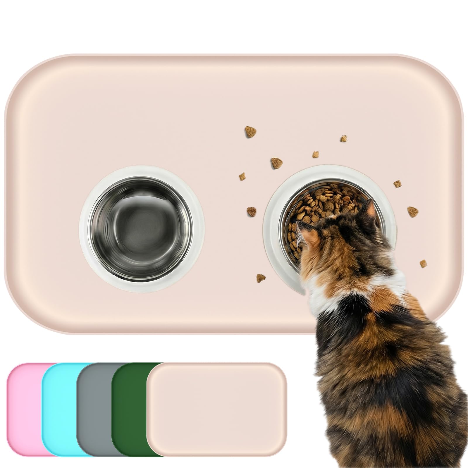 BLESWIN Waterproof Silicone Pet Feeding Mat with Raised Edge,Non-Skid Spill Proof Dog Bowl Mats, Easy Clean Cat Bowls Placemat for Cats and Dogs（Beige，60 * 40cm）