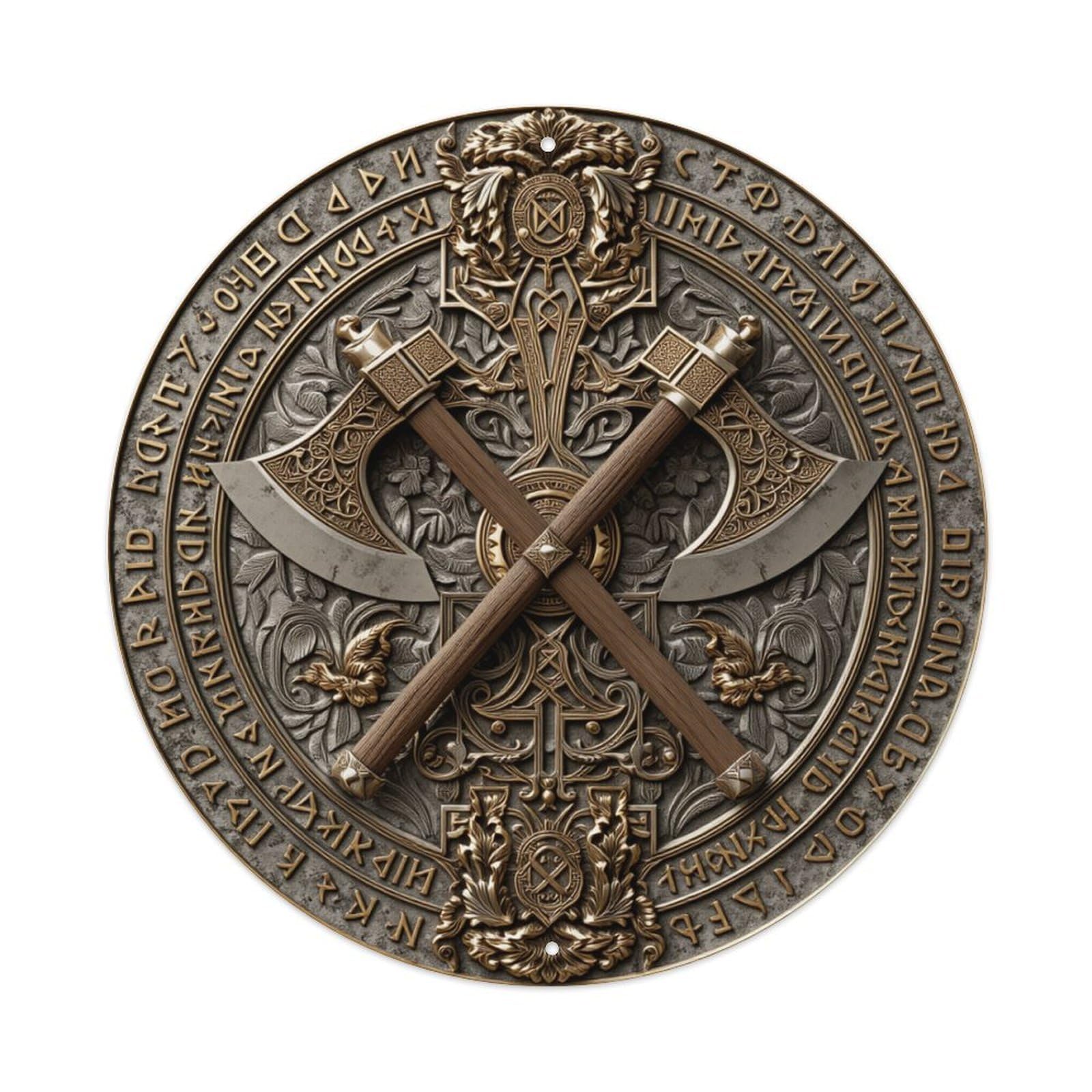 Crossed Axes Ornate Emblem Symbol Round Tin Sign Retro Metal Sign for Cafe Bar Pub Home Game Room Gym Club Wall Decoration Vintage Metal Poster 8x8 Inch