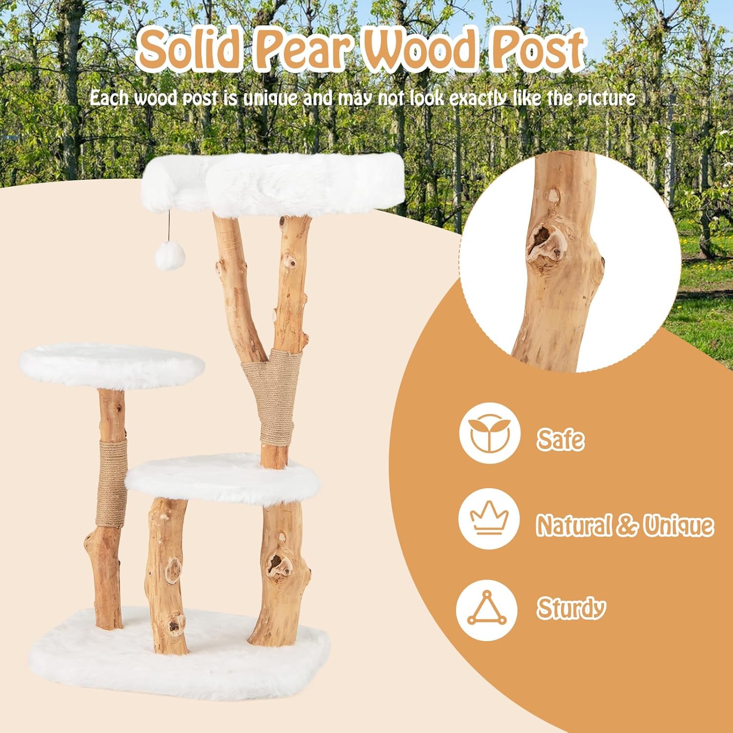 PETSITE 44 inch Wood Cat Tree, Modern Wooden Cat Tower with Jute Scratching Posts, Top Perch, Soft Long Plush and Dangling Ball, Pear Wood Branches Cute Cat Tree for Indoor Cats