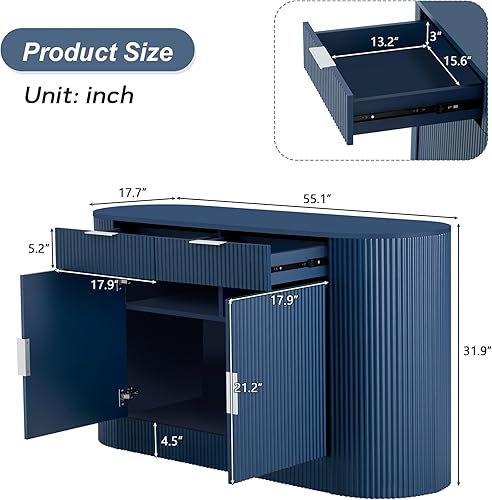 Miniatura 29 de Aparador de armario de almacenamiento curvado con 2 puertas y 2 cajones, mesa consola de entrada de madera de 55 pulgadas con puerta lateral curvada