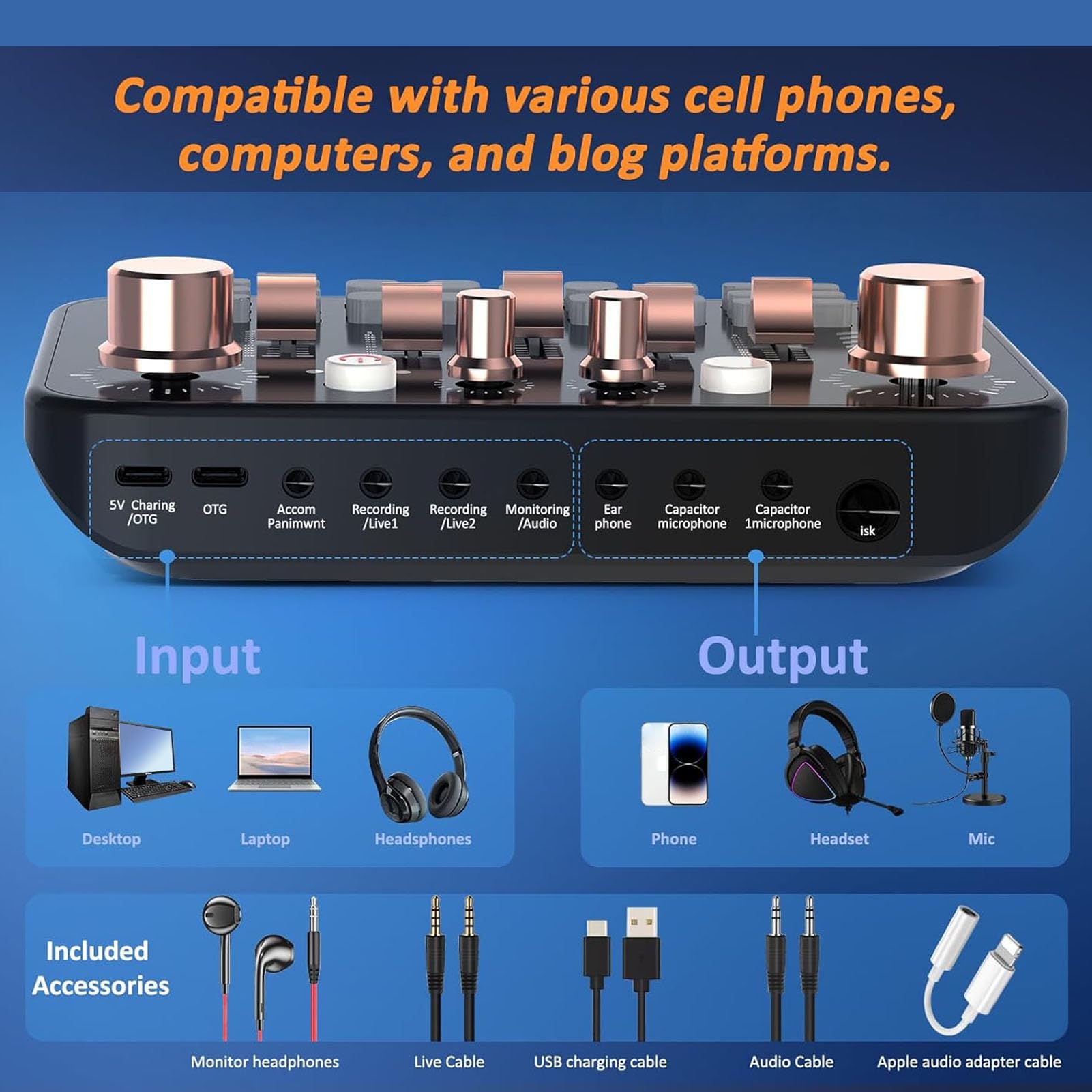 Tarjeta de Sonido en, Mezclador de Audio para Juegos con Luces de Respiración, Interfaz USB Inalámbrica BT para Transmisión de Podcasting, Juegos, Teléfono, Computadora
