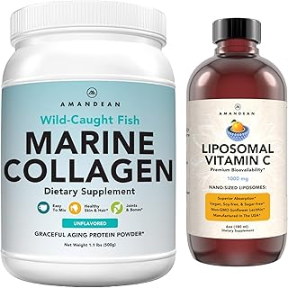 Marine Collagen Powder + Vitamin C - Perfect Skin from Within Combo. Wild-Caught Cod Fish Peptides, Liposomal VIT C Liquid...