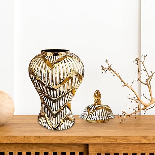 Miniatura 6 de Bothyi Jarrón de cerámica Jengibre Tarro con Líneas Doradas Estilo Europeo Templo Tarro Acabado Esmalte Fino, Estantería Decoración Multiusos Hecho