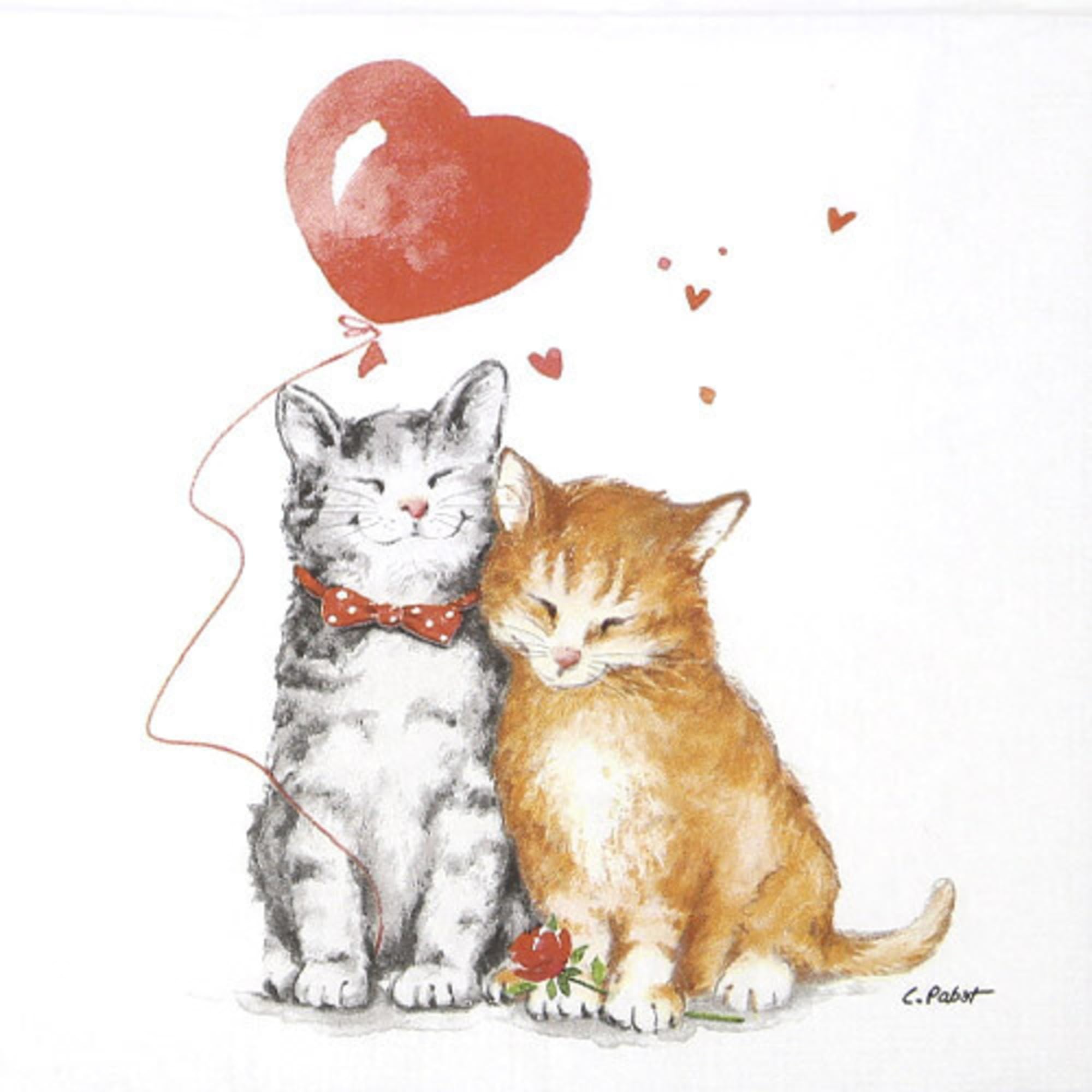 Set of 2 Individual Decoupage Paper Party Napkin Cats Kittens Pair Love Watercolor Decor Luncheon Napkins for a Birthday Holiday, Wedding, Cocktail Party