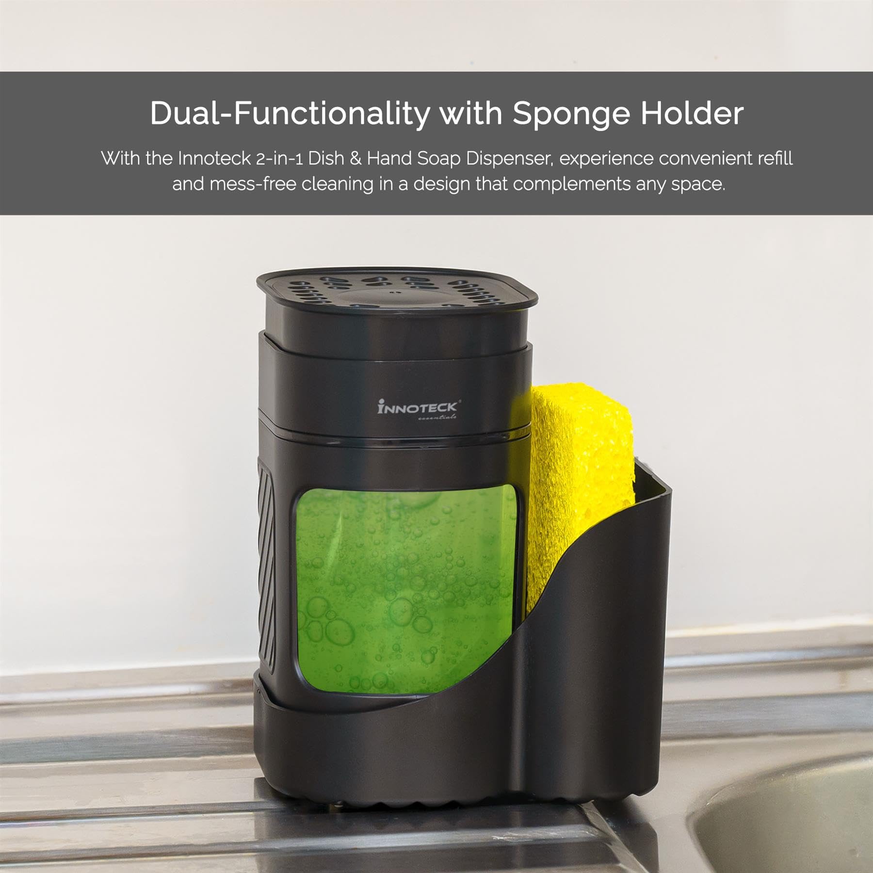 Innoteck Kitchen Sink Organiser with 3-in-1 Soap Dispenser, Sponge Holder & Sink Caddy, Dual Dish Soap & Hand Wash Dispenser - Image 2