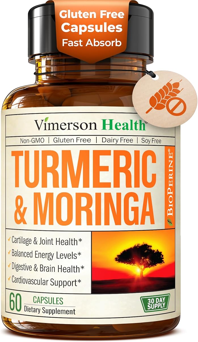 Moringa + Turmeric Curcumin Supplement for Joint Health, Gut Health, Energy and Immune Support - Total Wellness Formula - Tumeric Curcumin with Black Pepper & Moringa Pure Capsules - 60 Count