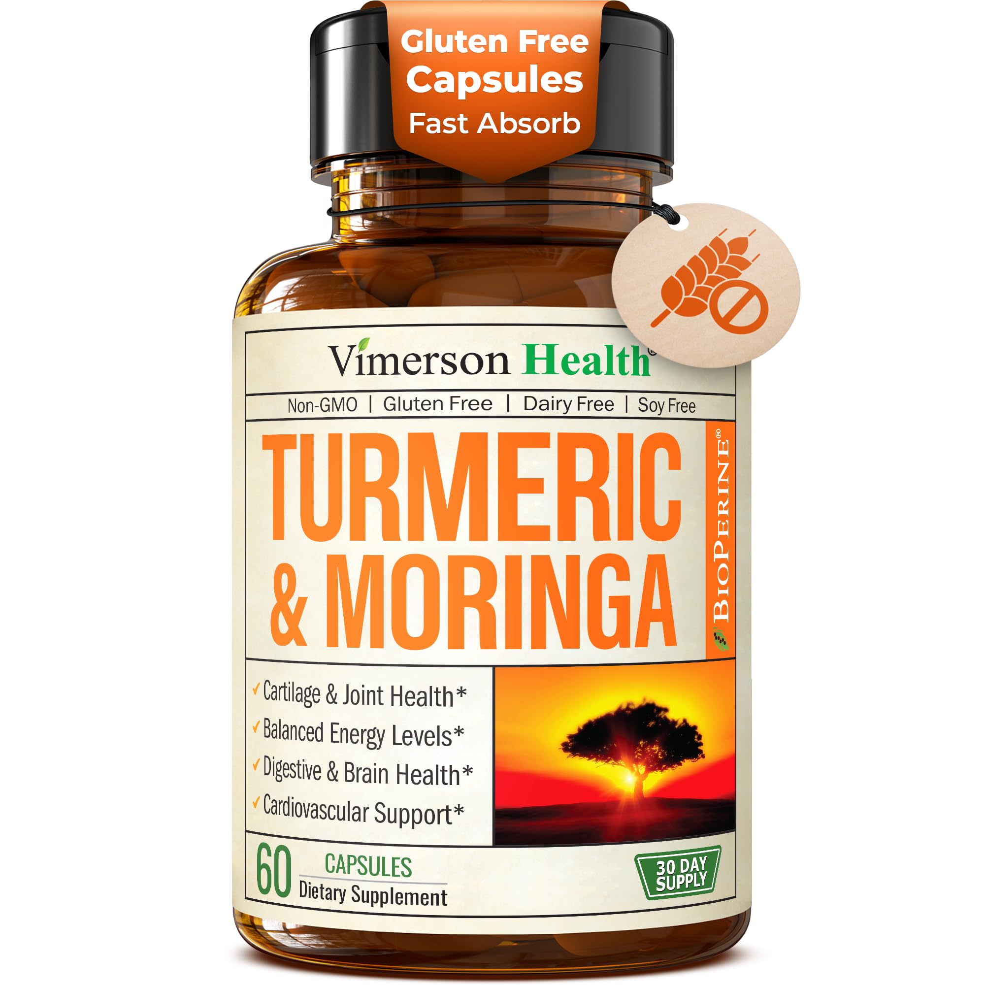 Turmeric Curcumin & Moringa Oleifera Leaf - 95% Curcuminoids & Black Pepper BioPerine - Dietary Supplement for Joint Support, Digestion & Energy. Free of Gluten, GMO, Dairy and Soy. 60 Vegan Capsules