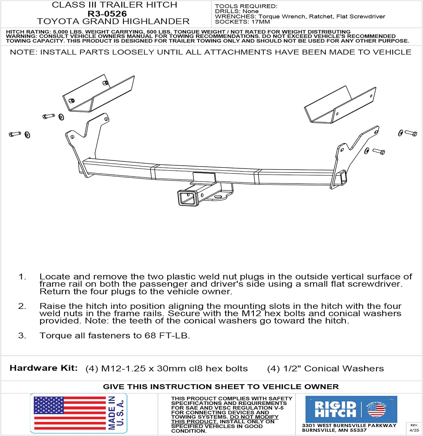 Rigid Hitch Class III Trailer Hitch, Black Steel, 5000 lbs Capacity, Compatible with 2024-2026 Toyota Grand Highlander, Model R3-0526 - Made in U.S.A.