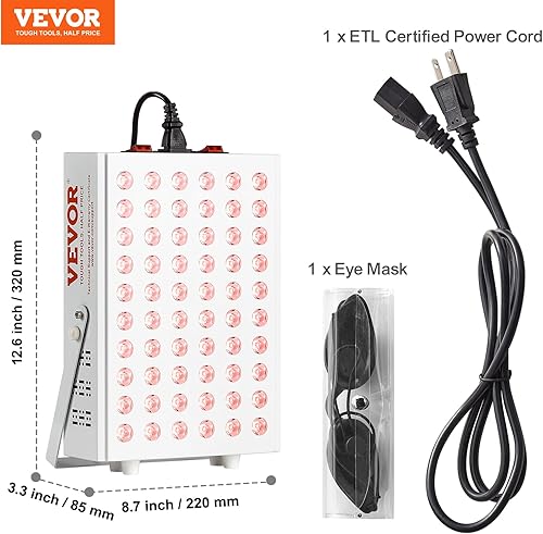 Miniatura 7 de VEVOR Terapia de luz roja para cara corporal, 60 LED de doble chip, rojo 660 nm y combo de infrarrojo cercano de 850 nm, panel de terapia de luz
