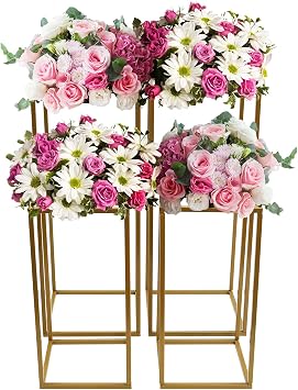 4Pcs Wedding Flower Stand,Gold Column Flower Holder,Rectangular Flower Rack,Flower Display Rack Decor,Centerpiece Vase for Tabletop Flower Arrangement,Use for Wedding Party Dinner Centerpiece