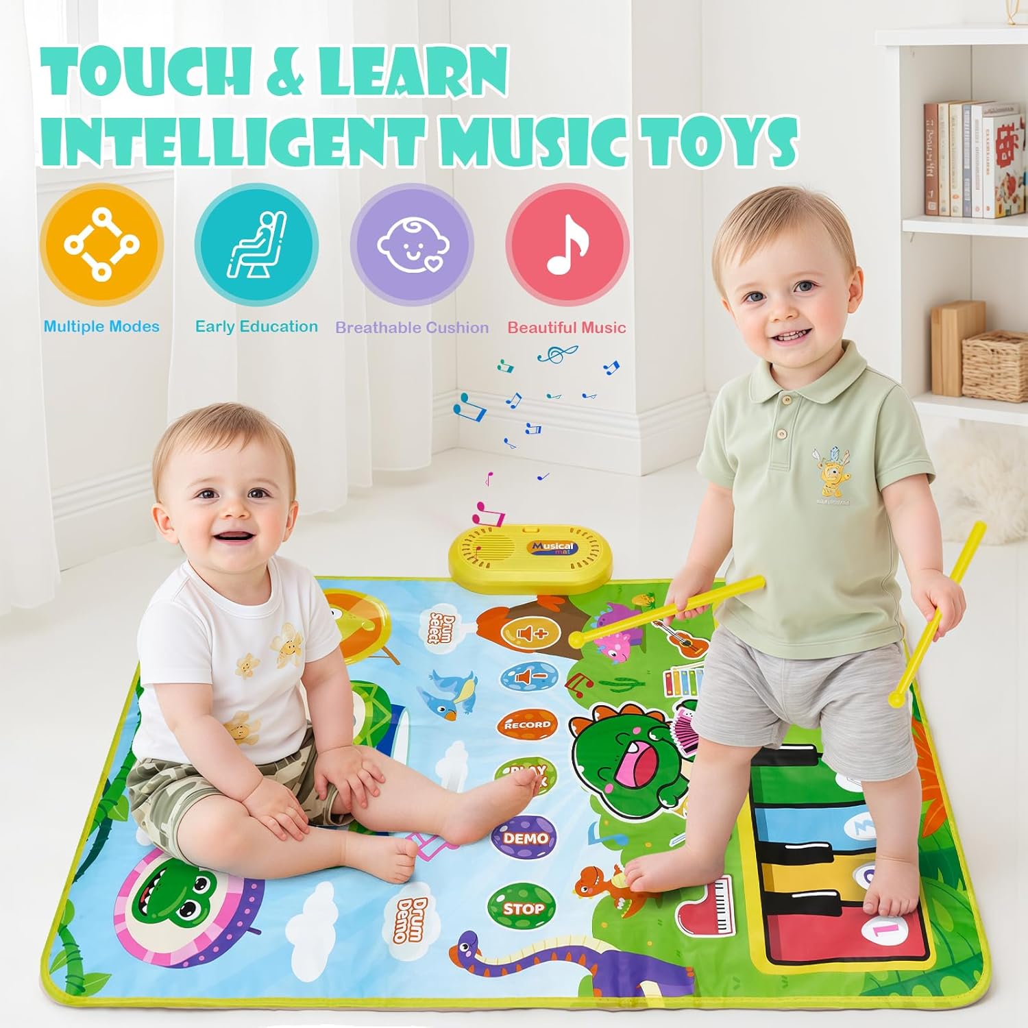 Baby Musical Play Mat,Early Educational 3 in 1 Floor Piano Drum Animal Touch 31.5"*19.6 " Play Blanket Montessori Sensory Musical Learning Toys,Baby Birthday (Green Dinosaur)