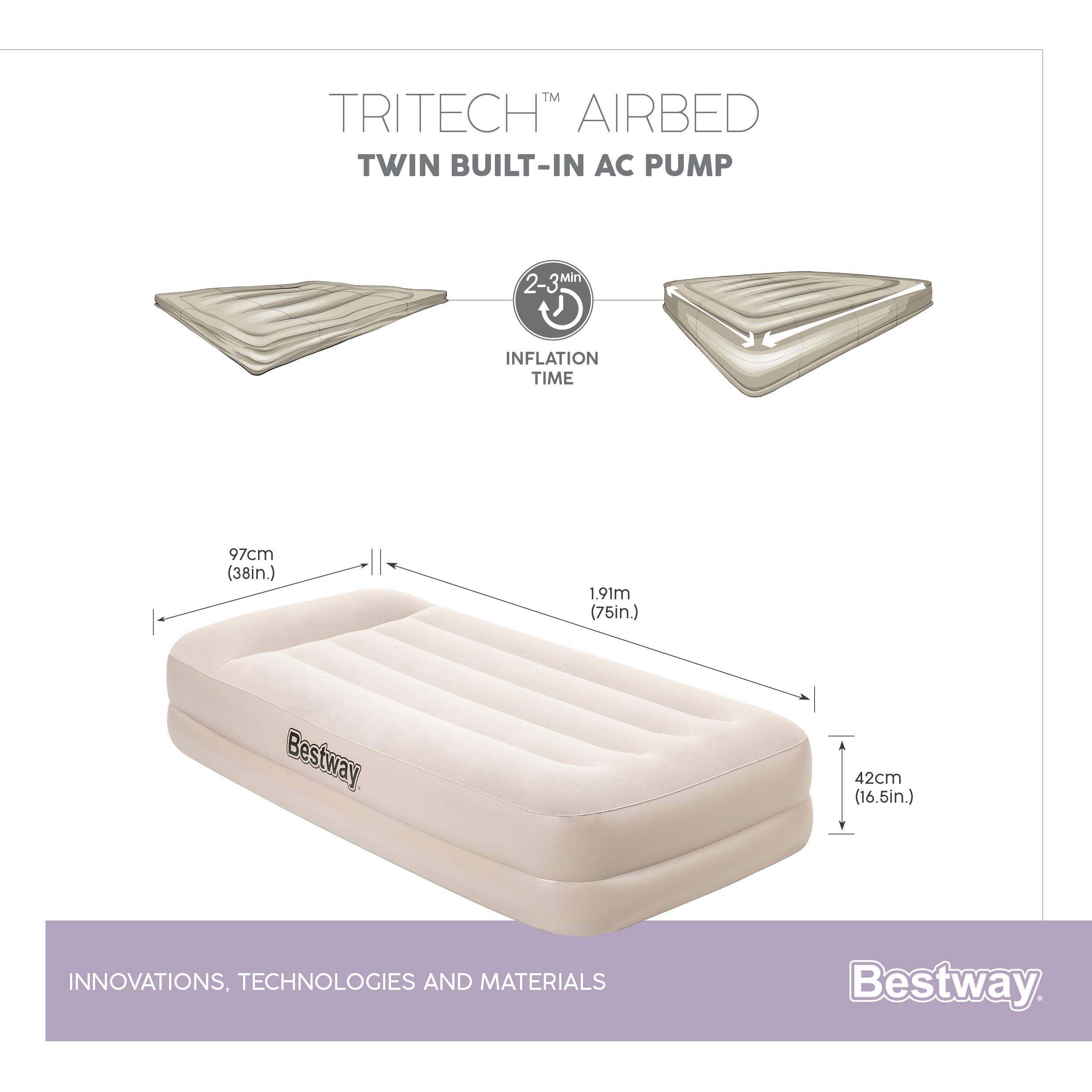 Bestway Tritech™ Meltemia - Colchón Hinchable Individual (191 x 97 x 42 cm, con Bomba eléctrica integrada), Color Beige