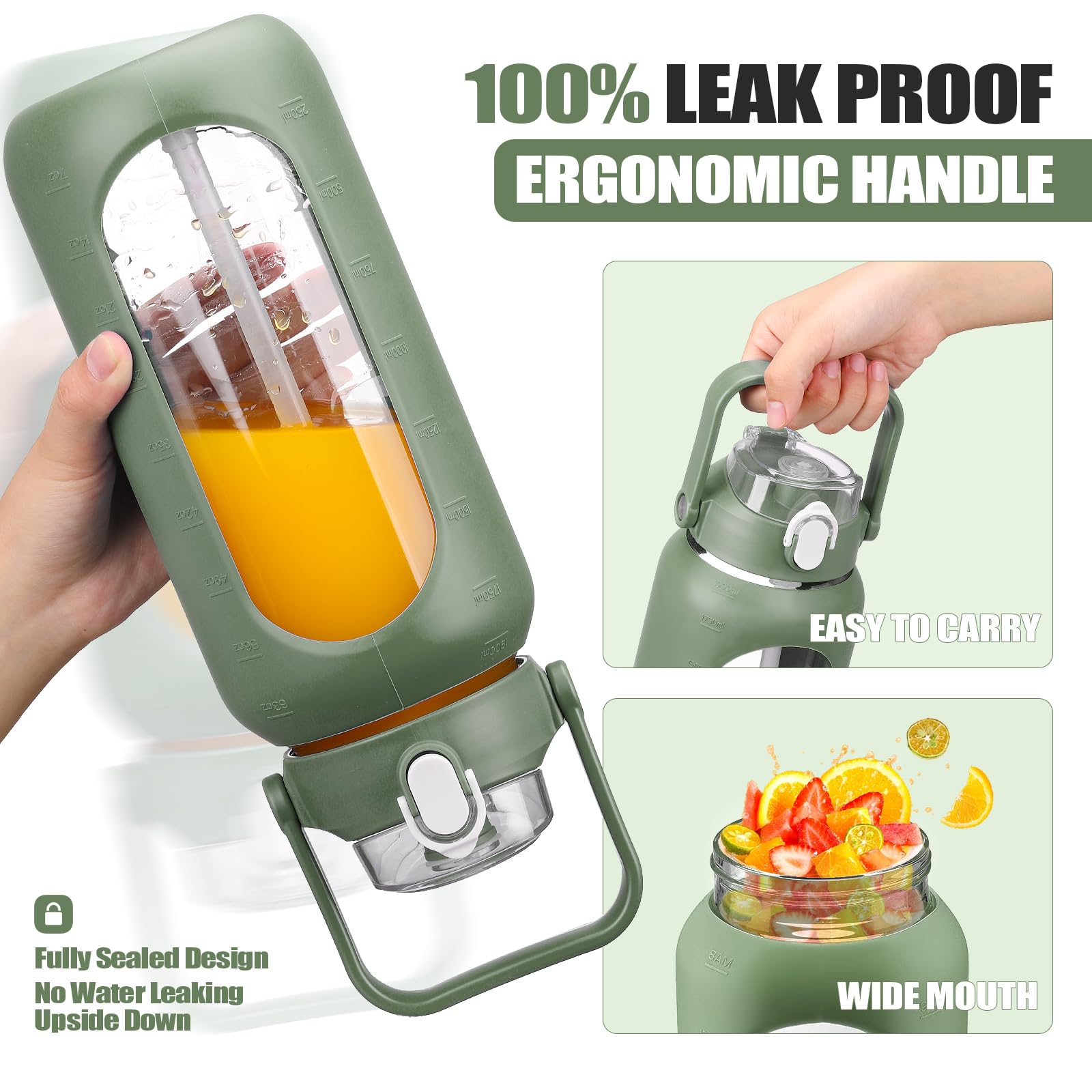 BLUEGO 2000ml Bottiglie d'acqua in vetro con 2 coperchi Bottiglia d'acqua con cannuccia 2L Bottiglia d'acqua grande con indicatori di capacità per sport A prova di perdite, Oliva