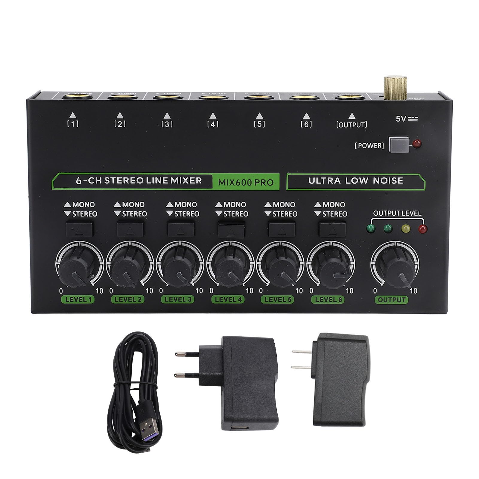 Mixer a 6 Canali - Mixer Audio Stereo Mini 6, Basso Rumore per Sub-mixing di Precisione, Mixer di Linea Stereo Ideale per Microfoni, Chitarre, Bassi, Palco, Porta da 6,35 Mm