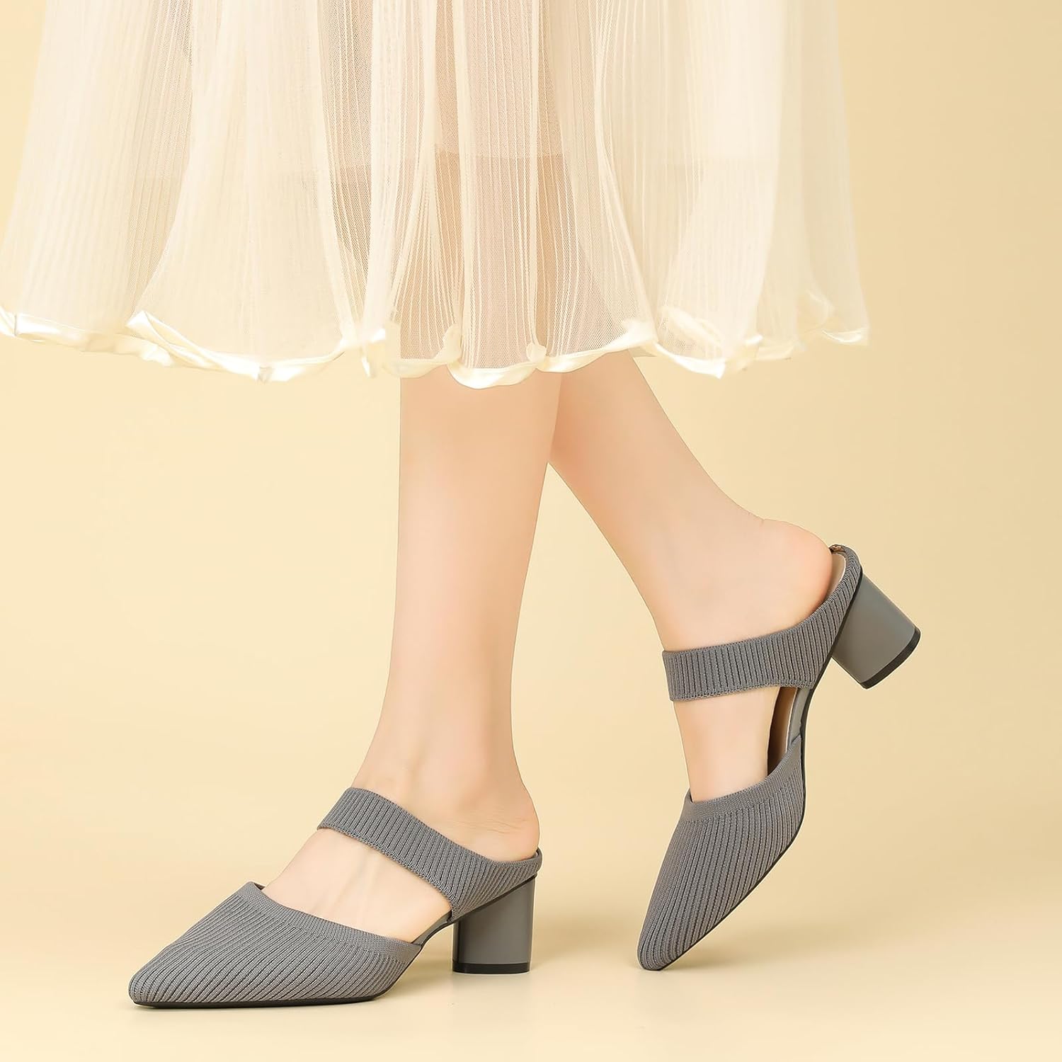 Women's Knit Pointed Toe Chunky Heel Mules Fashion Mesh Breathable Closed Toe Backless Block Heel Slip On Dressy Pumps Summer Casual Work Office Wedding Heeled Sandals - Image 3