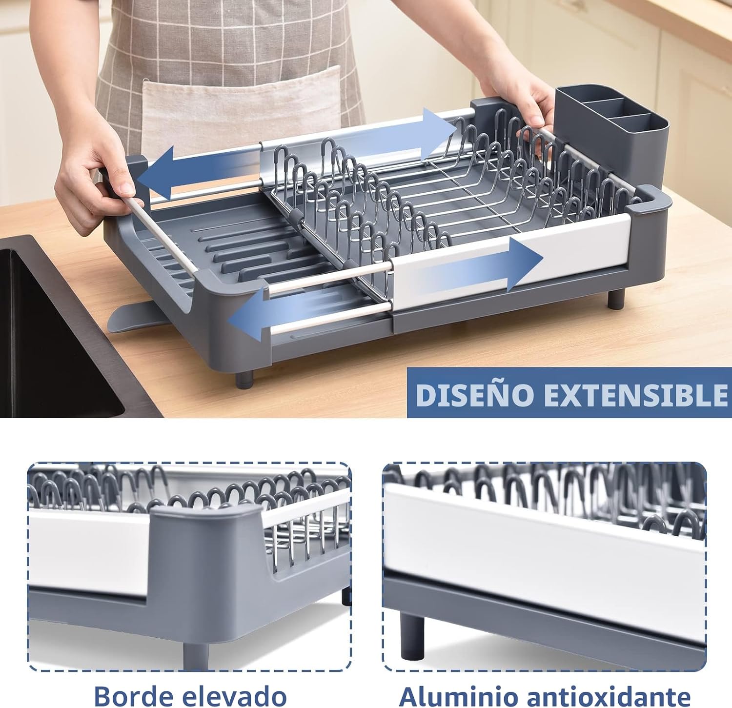 Hands extending the KINGRACK dish drying rack, illustrating its expandable design.