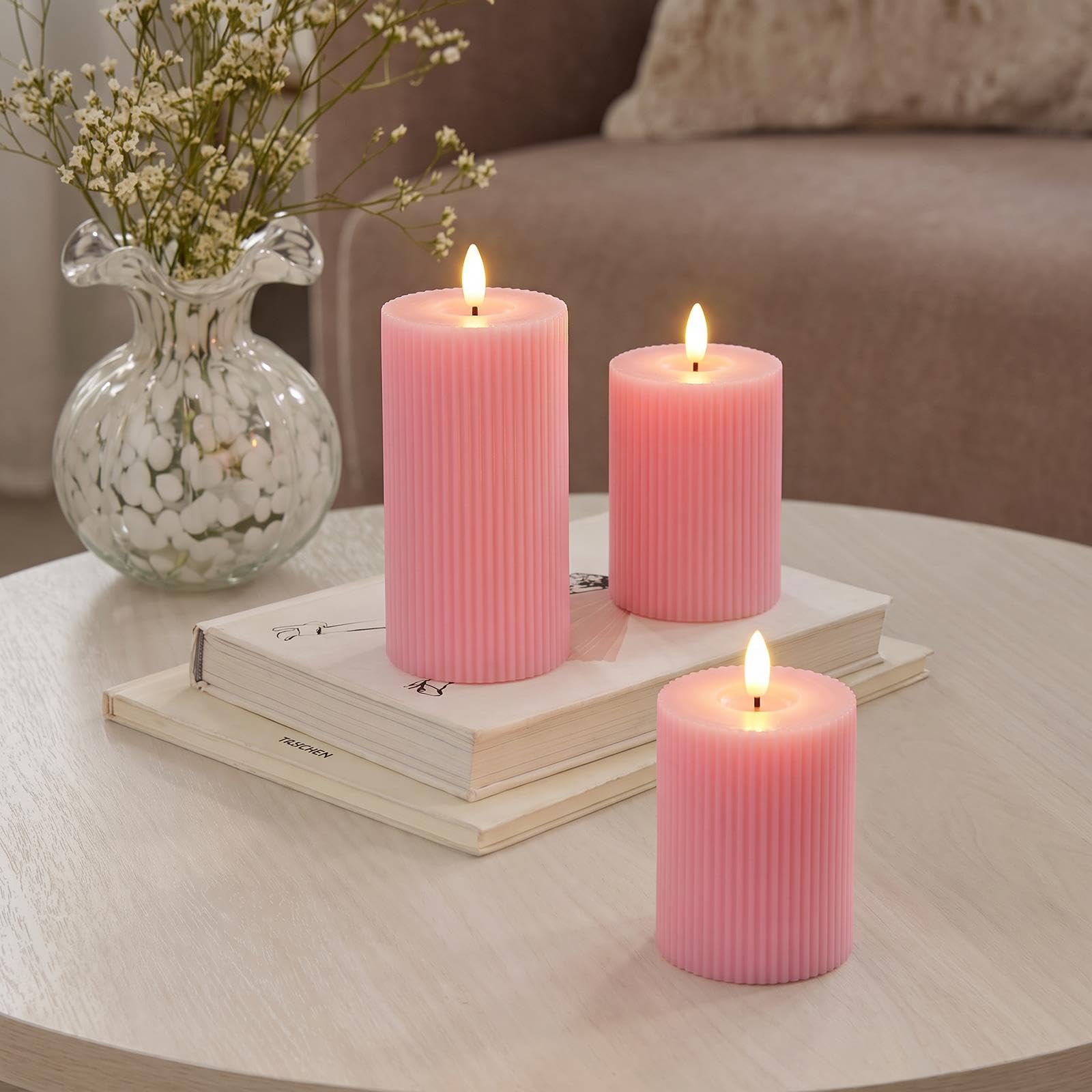 OHS Ribbed Flameless Battery Candles 3 Pack LED Candles, Dusky Pink — image 1