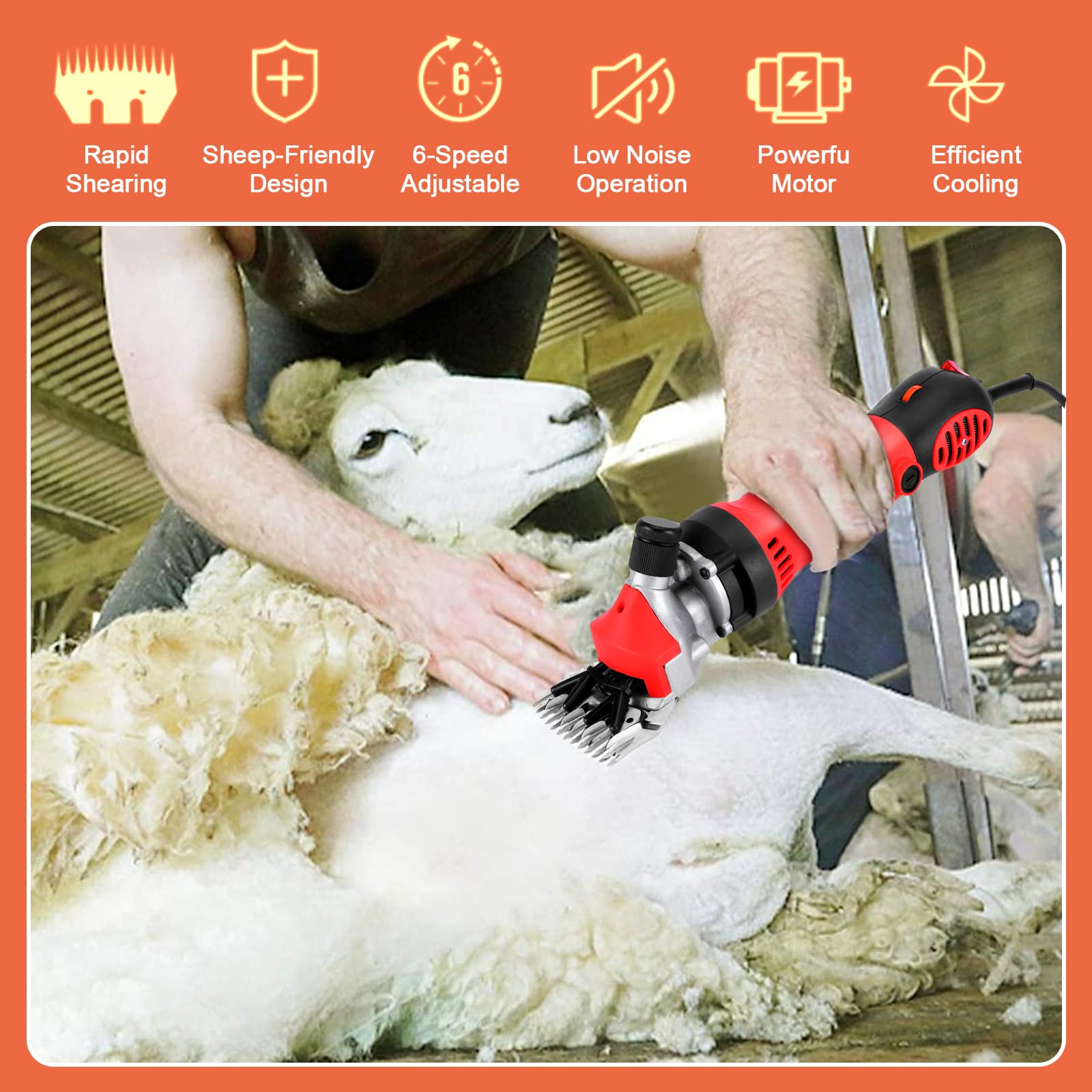 Máquina Cortapelo para Ovejas Eléctrica, 900W, 6 Velocidades Ajustables, Hasta 2800 rpm, Cuchilla Recta de 13 Dientes, Cable 3M, Cortadora Profesional con Maletín para Ovejas, Alpacas y Cabras
