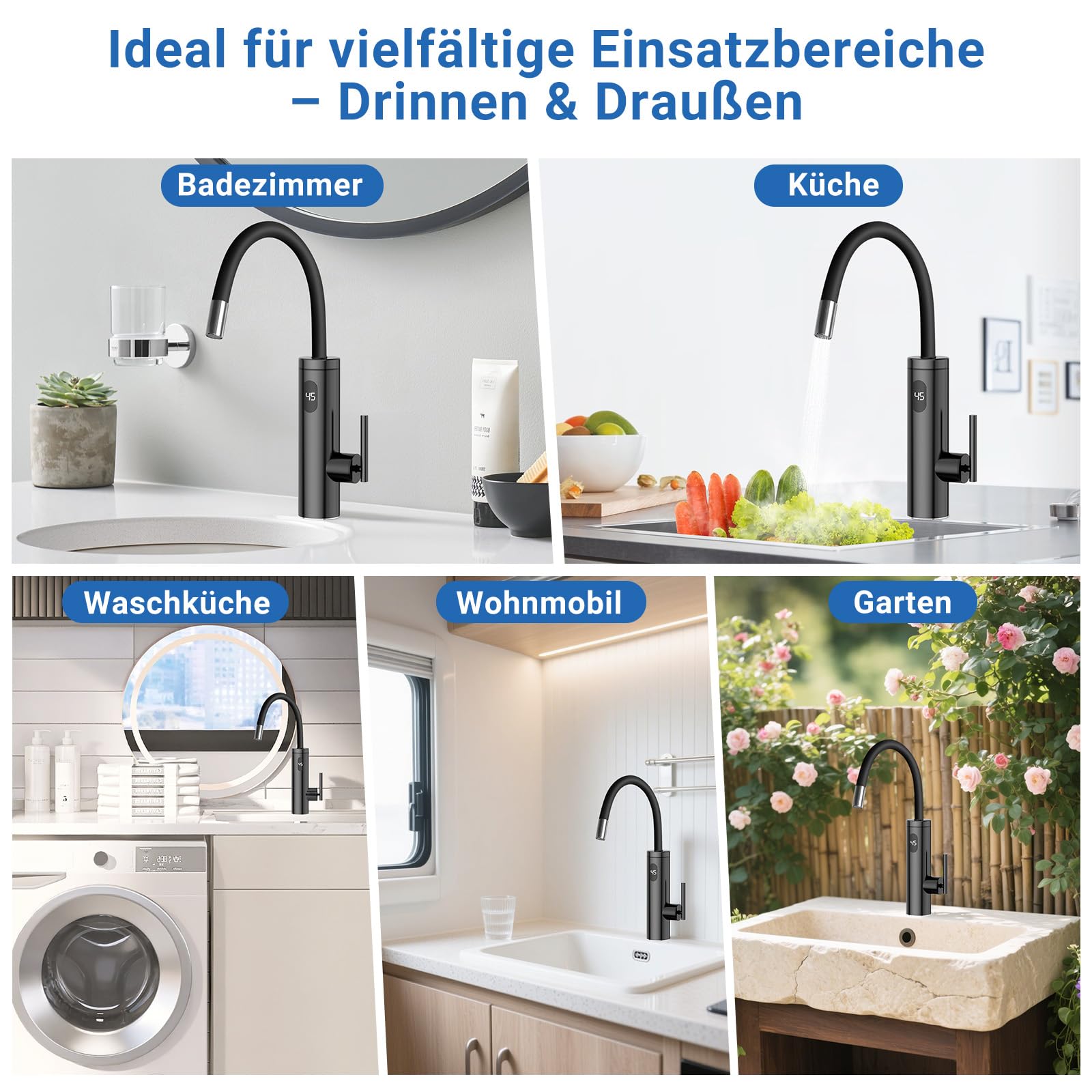 Robinet avec Chauffe-eau Instantané, 3300W Acier Inoxydable Mitigeur électrique avec Chauffe-eau Intégré avec 40cm Tuyau d'alimentation en Eau, 360° Flexible Rotatif, LED Température, Noir