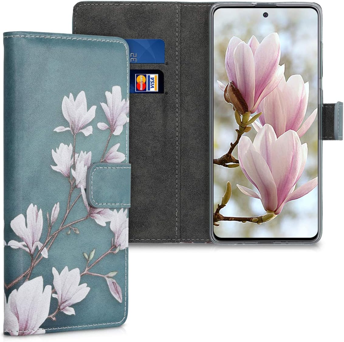 kwmobile Wallet Case Compatible with Samsung Galaxy A51 Case for Phone - Magnolias Taupe/White/Blue Grey