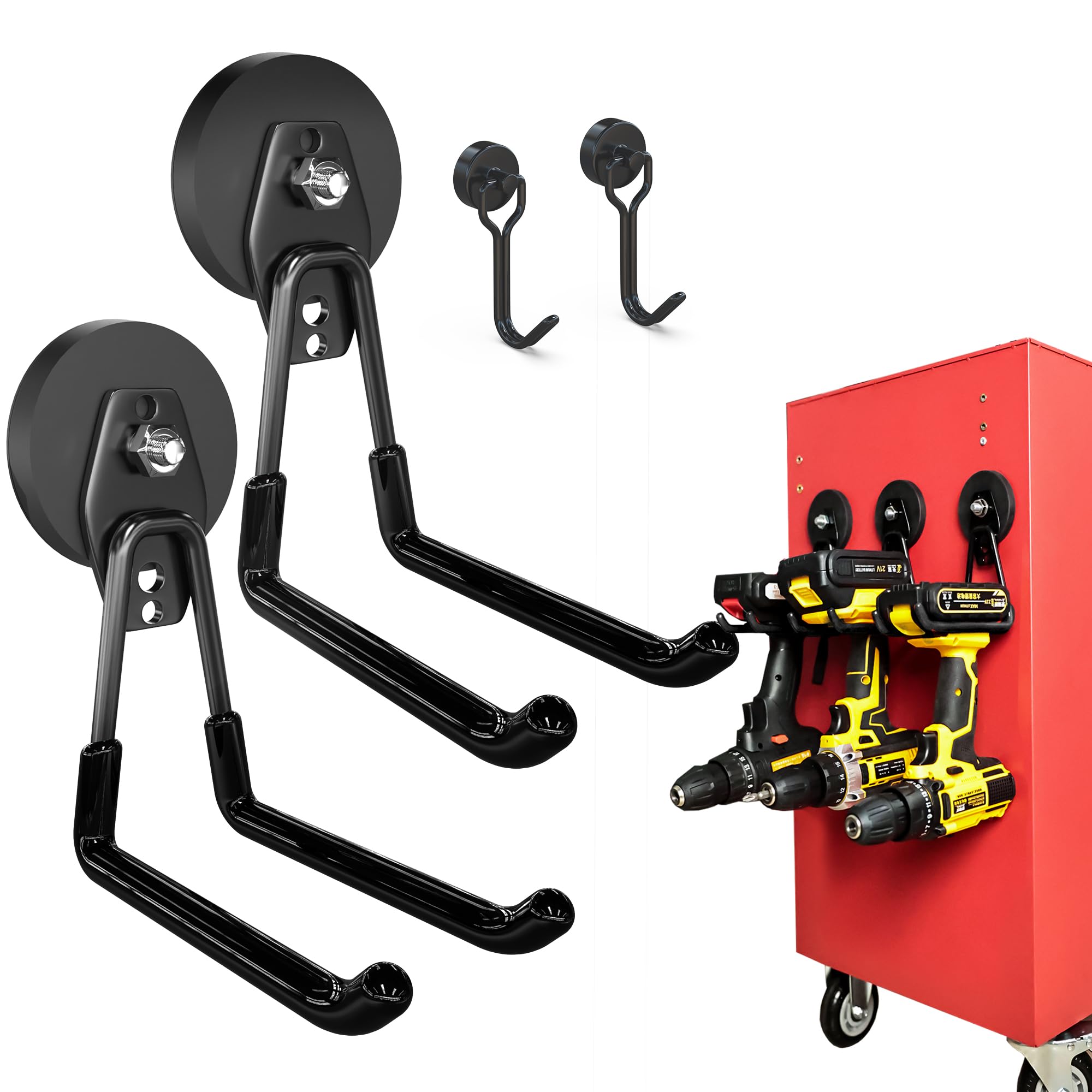 3-H 2 Stück Magnetische Haken Sehr Stark Magnethaken 66mm Magnetfuß Garagehaken Doppelhaken, mit 2 magnetischen Haken für Küche Badezimmer Geräte Garten Garage Schuppen, Schwarz
