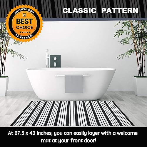 Miniatura 3 de KaHouen Alfombra de algodón a rayas blancas y negras (27.5 x 43 pulgadas), lavable a rayas al aire libre, alfombra reversible a rayas para entrada