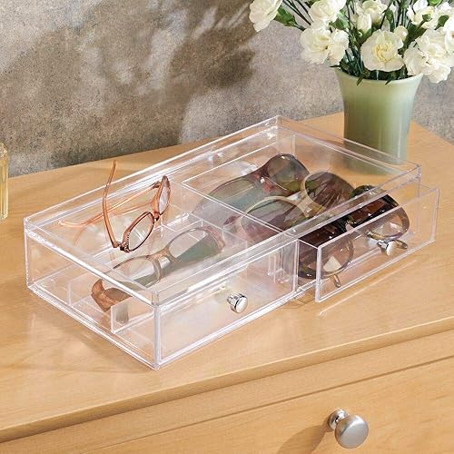 Miniatura 2 de mDesign - Organizador de plástico apilable para lentes y gafas de sol con 2 cajones divididos y tiradores de cromo para accesorios.
