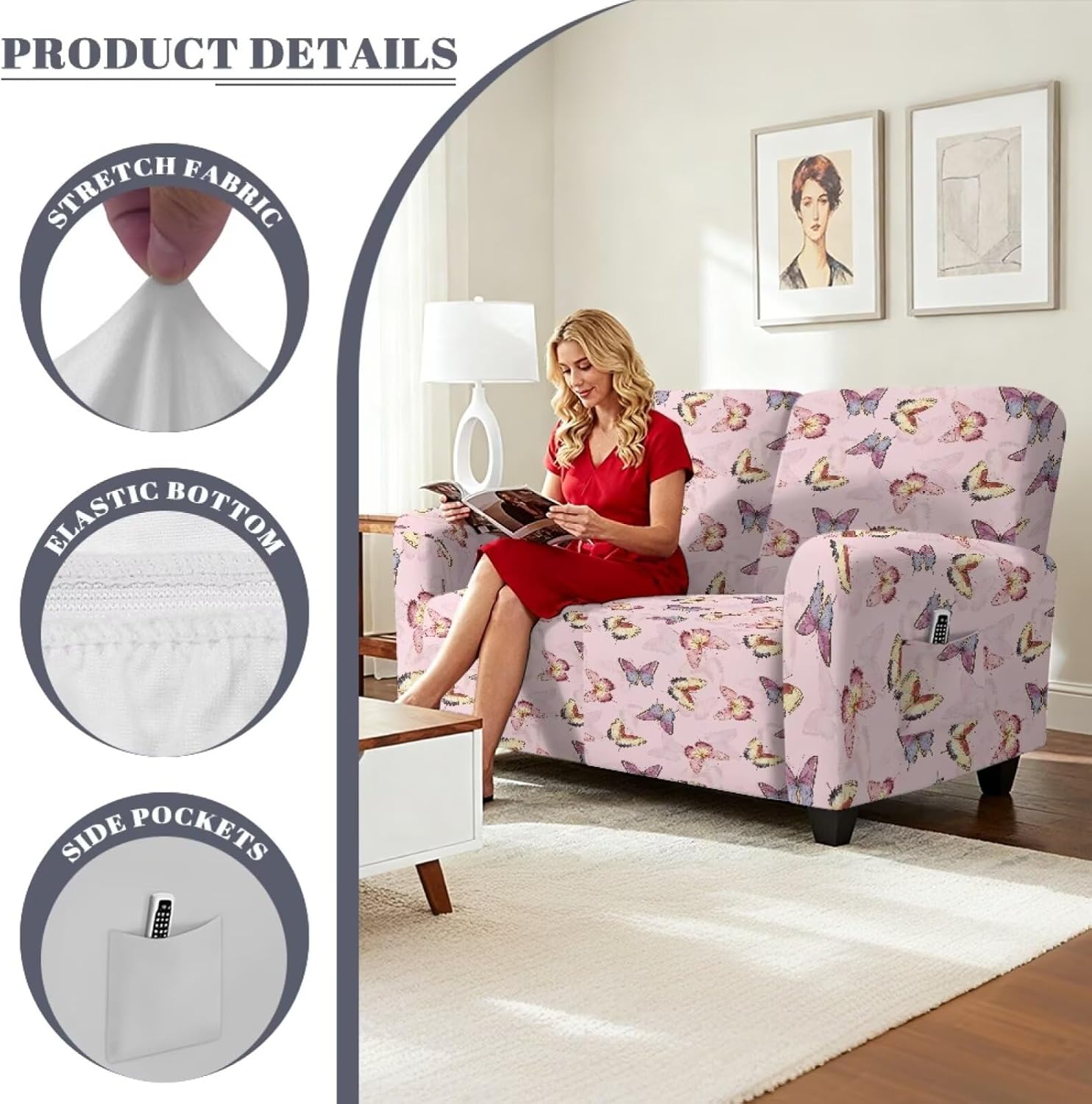 Pink Butterfly Print Love Seat Covers for 2 Cushion Couch Loveseat Recliner Cover 6Pieces Washable Couch Covers Stretch Sofa Slipcover Pets Dogs