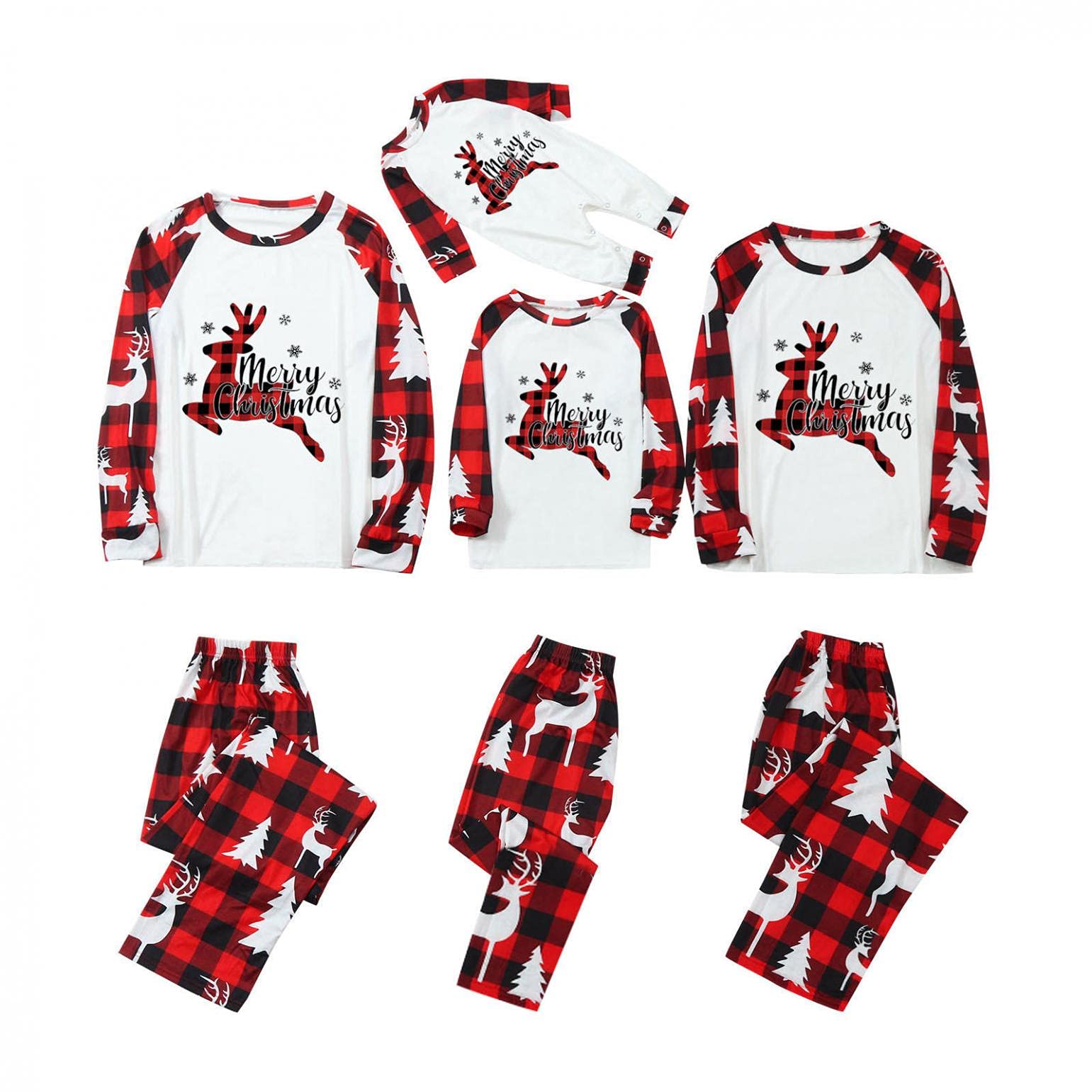 Christmas Pajamas for Family, BUKINIE Matching Pajamas Set Vintage Red Plaid Elk Printed PJs Xmas Long Sleeve Loungewear Set