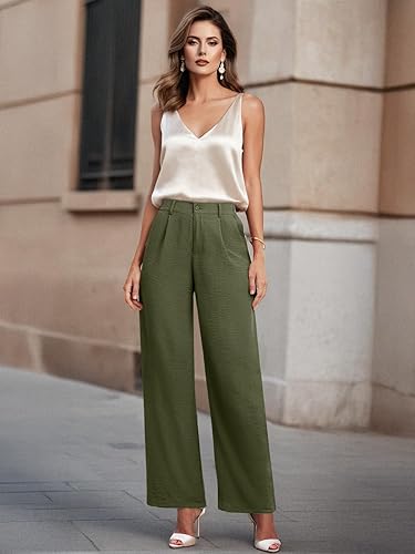 Miniatura 5 de Feiersi Pantalones casuales de pierna ancha para mujer, de cintura alta, con botones, rectos, pantalones largos palazzo