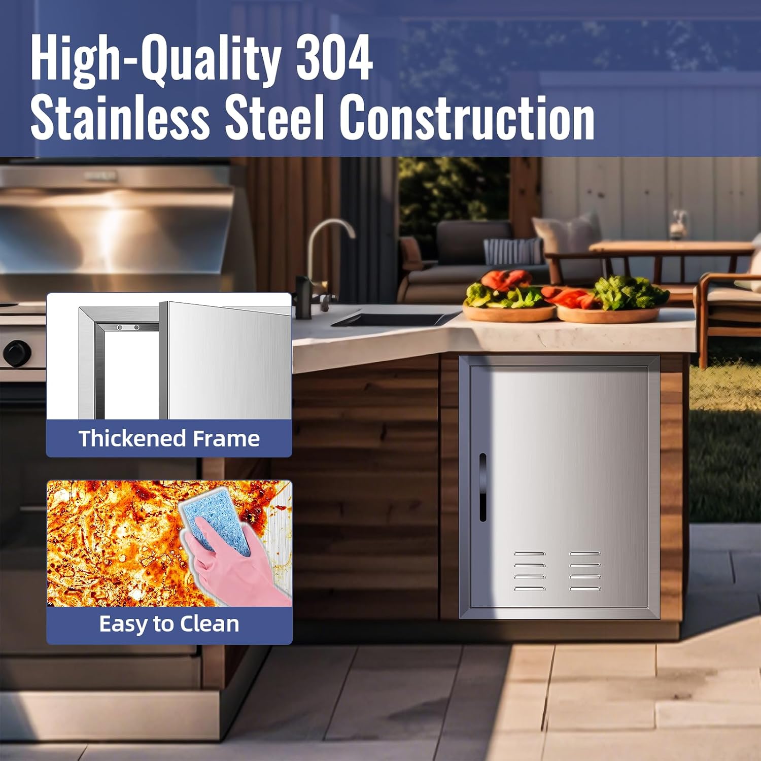 Outdoor Kitchen Door 17W X 23H Inch, Stainless Steel BBQ Access Door with Handle, Vents, Flush Mount Doors for Grill Station and BBQ Island