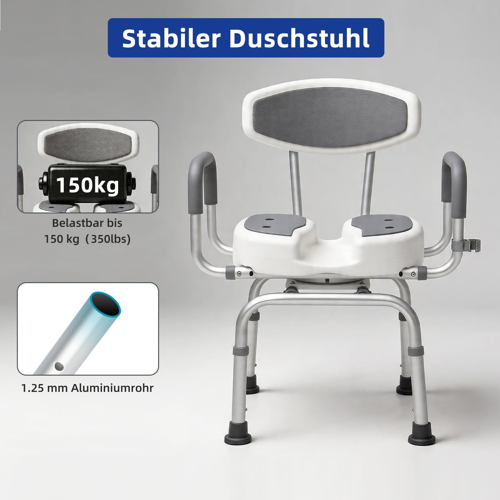 EasyVibe Duschstuhl 360° Drehbar für Senioren, 52cm Breiter Duschhocker mit 3D U-Ausschnitt, 1,25mm Aluminiumrahmen, Gepolsterte Armlehnen, Belastbar bis 150kg