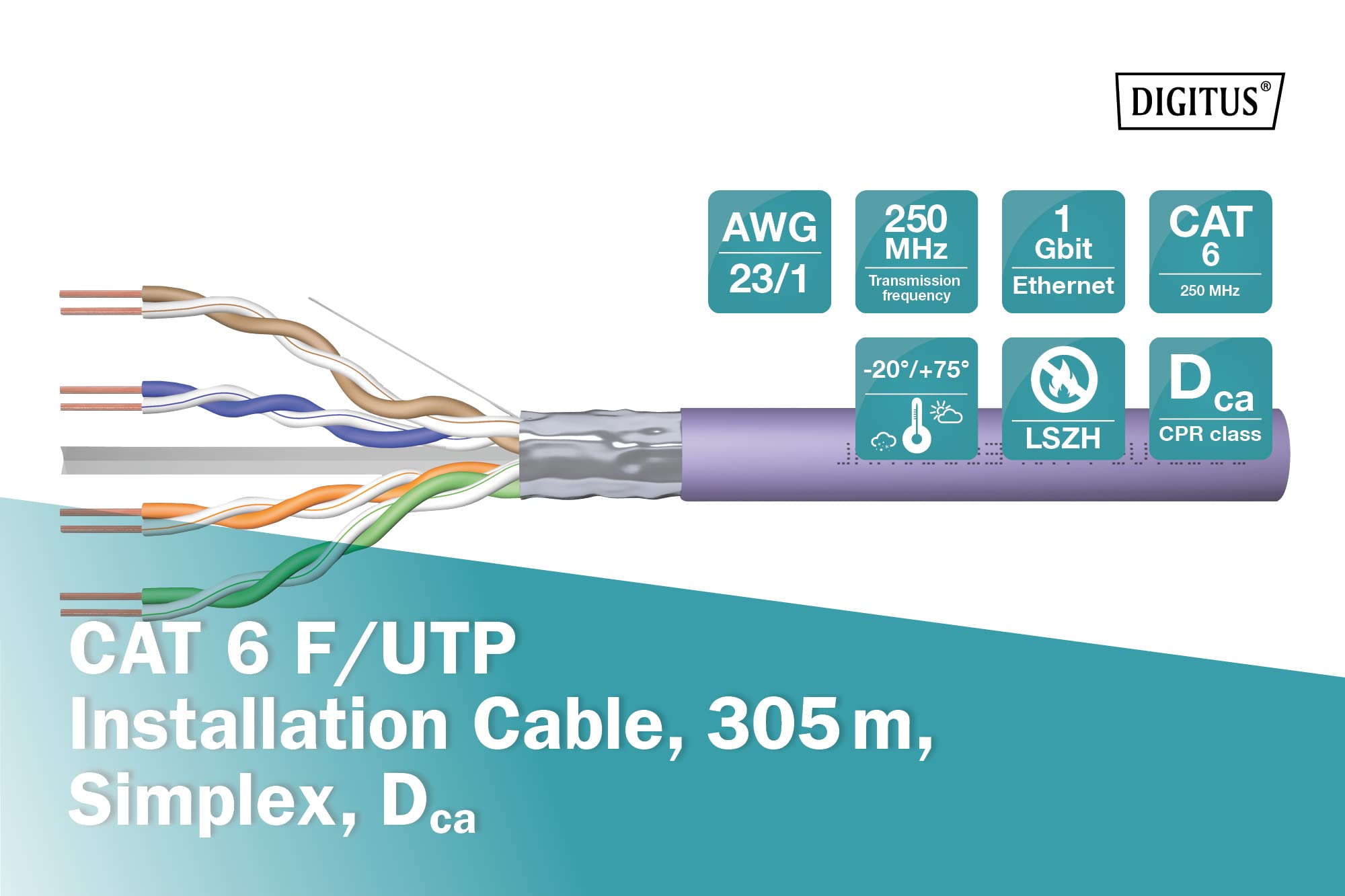 DIGITUS 305 m Cat 6 Netzwerkkabel - F-UTP Simplex - BauPVO Dca - LSZH Halogenfrei - 250 MHz Kupfer AWG 23/1 - PoE+ Kompatibel - LAN Kabel Verlegekabel Ethernet Kabel - Violett
