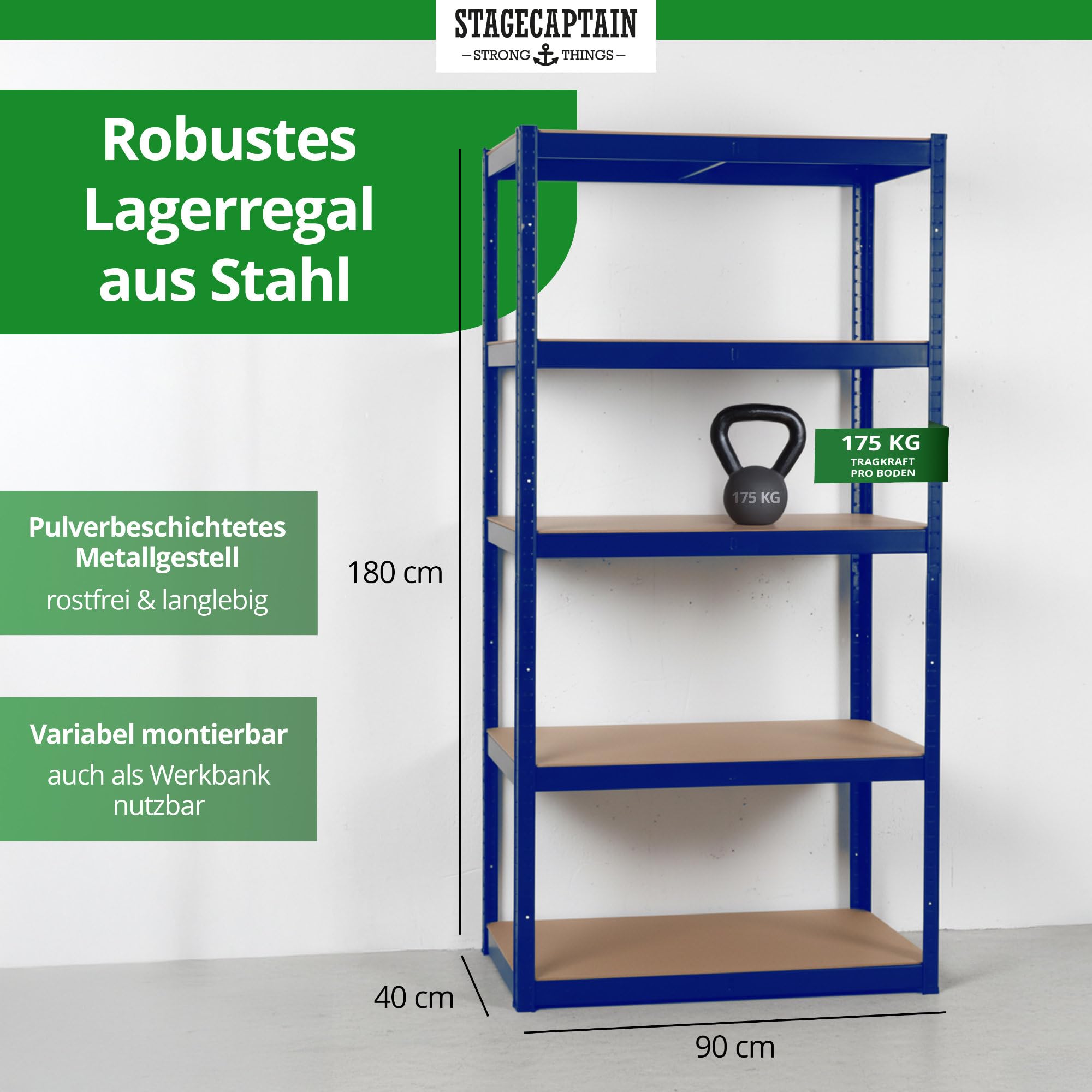 Stagecaptain 4 x zestaw regałów magazynowych Heavyrack – 5 półek do montażu – metal malowany proszkowo – możliwość przebudowy jako stół warsztatowy – nośność jednej półki: 175 kg – nośność całkowita
