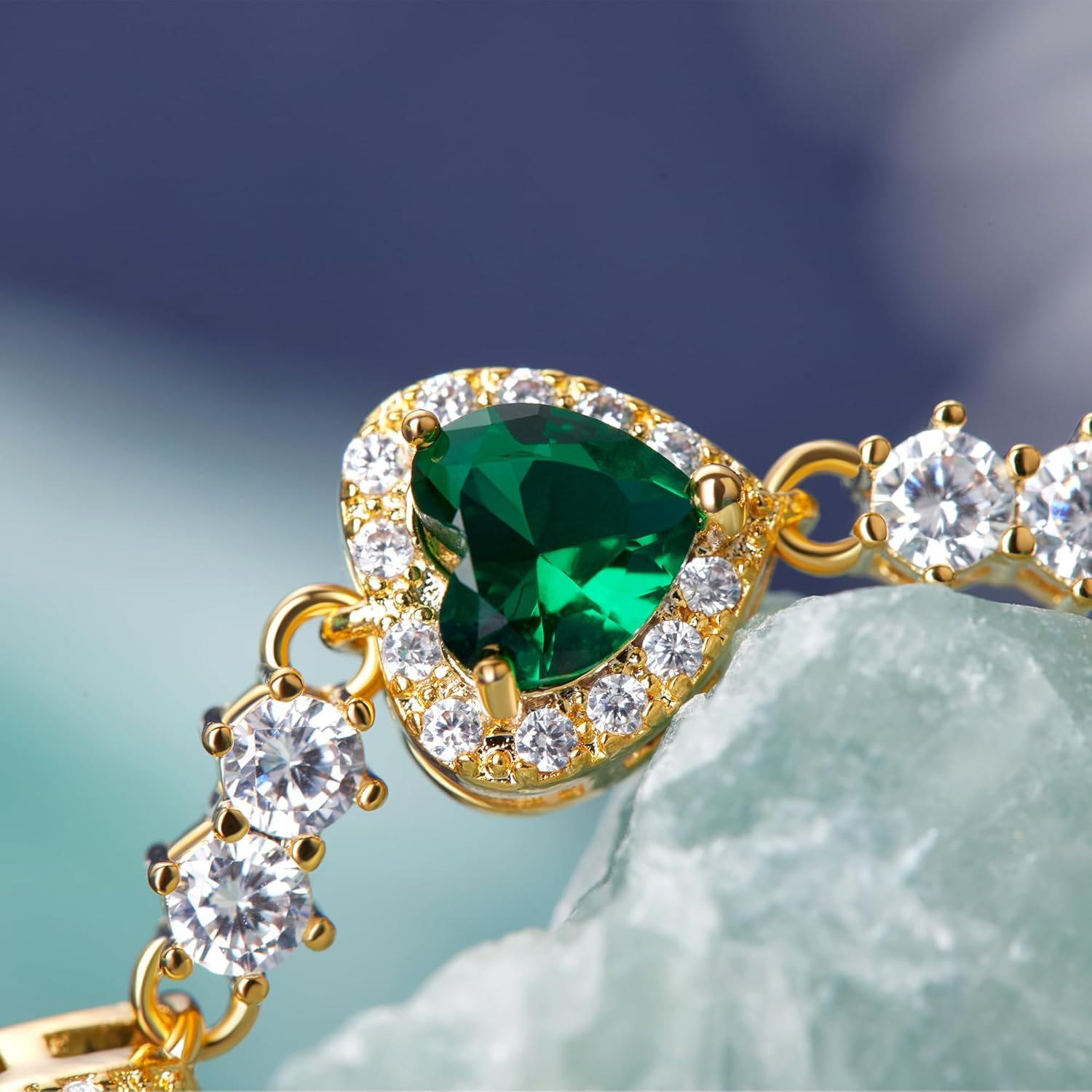 Birthstone Bracelets for Women 925 Sterling Silver Heart Charm Created Gemstone Cubic Zirconia Bangle Tennis Bracelet Jewelry Anniversary Birthday for Mom Wife (GS-AX-GREEN) - Image 3