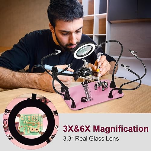 Miniatura 2 de Manos magnéticas que ayudan a soldar tercera mano, herramienta de manos de ayuda con lámpara de aumento LED 3X y 6X, soporte para pistola de aire