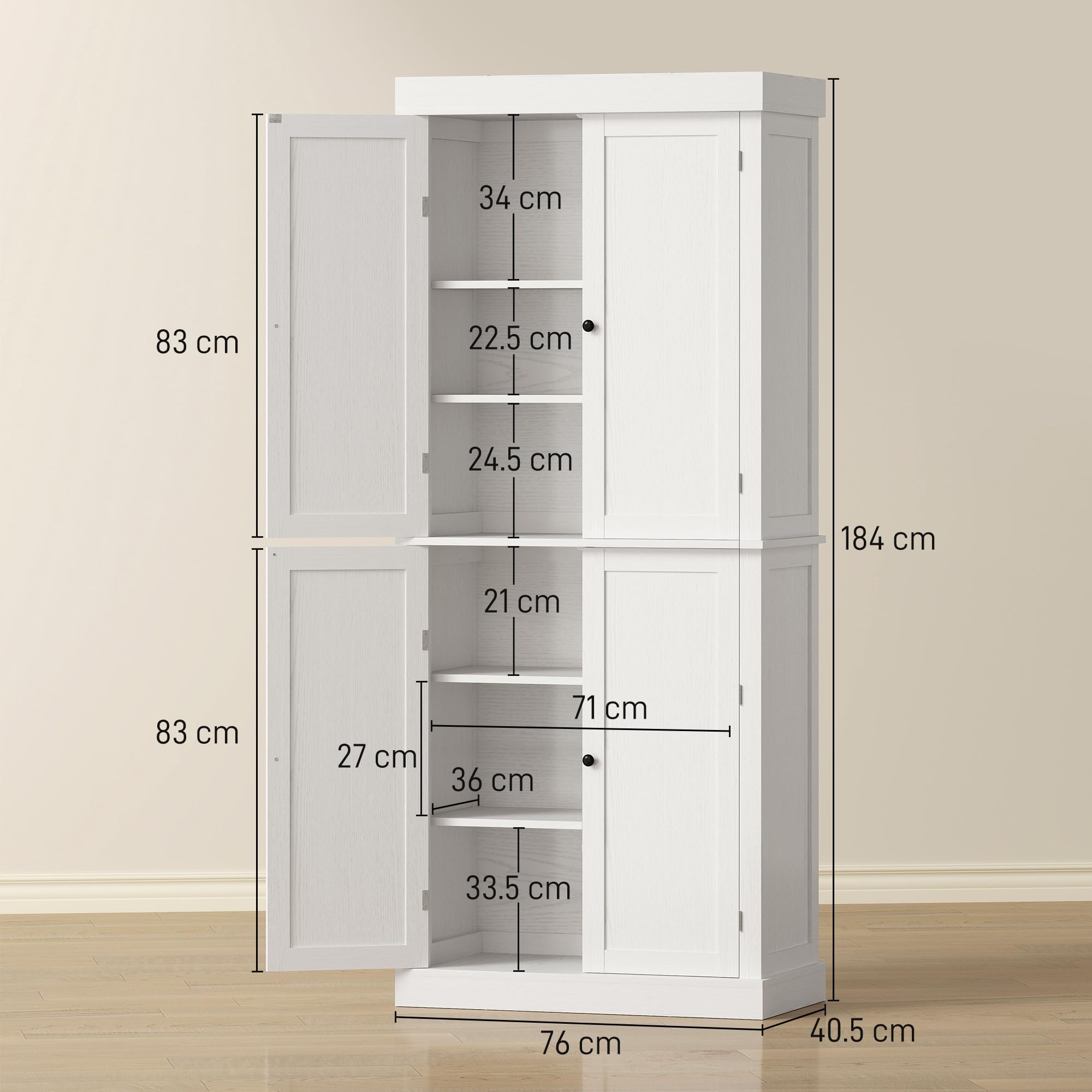 HOMCOM 72.5" Armoire de Cuisine Haute 4 Portes Moderne Blanc Bois Grain