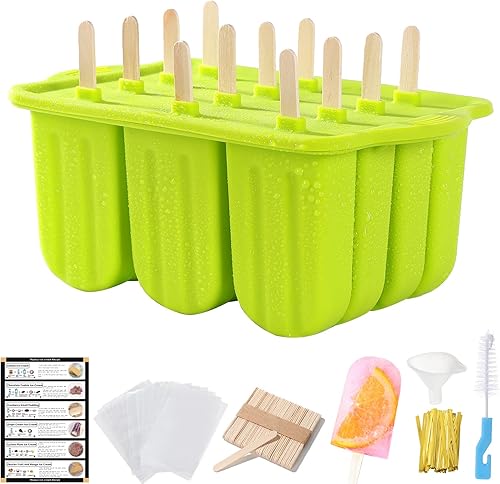 Juego de moldes para paletas de hielo, 12 cavidades, moldes de silicona para congelar con 50 palitos de paletas, 50 bolsas de paletas, 50 bolsas de