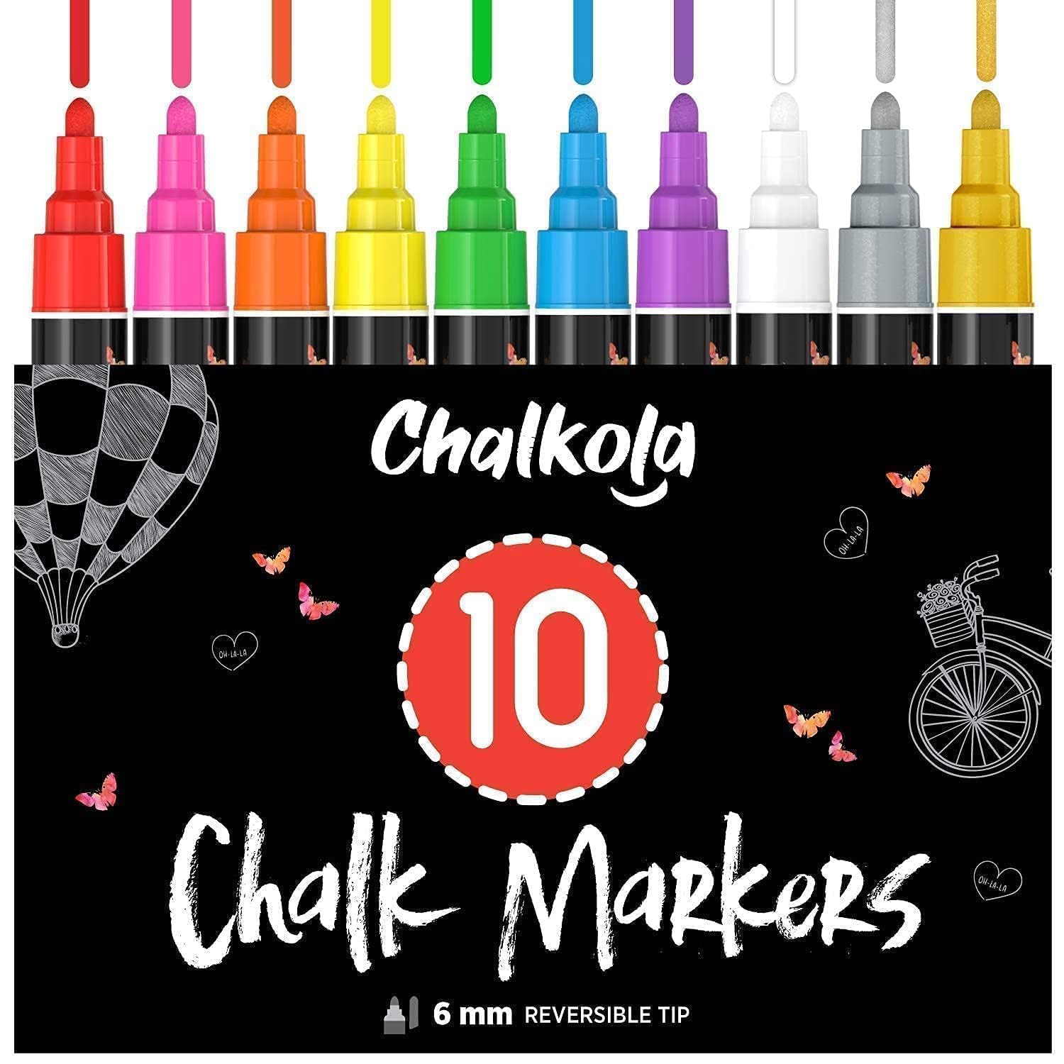 Chalkola Liquid Chalk Markers Erasable (10 Pack) w/Gold & Silver - Washable Paint Chalk Pens for Chalkboard Signs, Blackboard, Car Window, Bistro, Glass, Board - Neon Wet Wipe 6mm Reversible Bold Tip