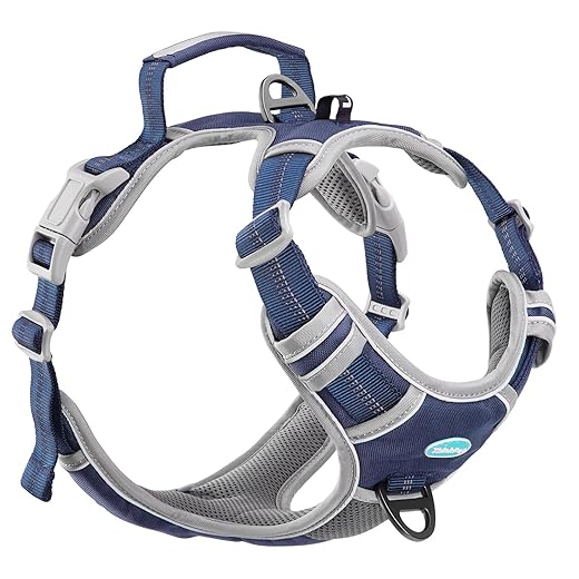ThinkPet No Pull Harness Breathable Sport Harness with Handle - Reflective Padded Dog Safety Vest Adjustable Harness, Back/Front Clip for Easy Control L Dark Blue