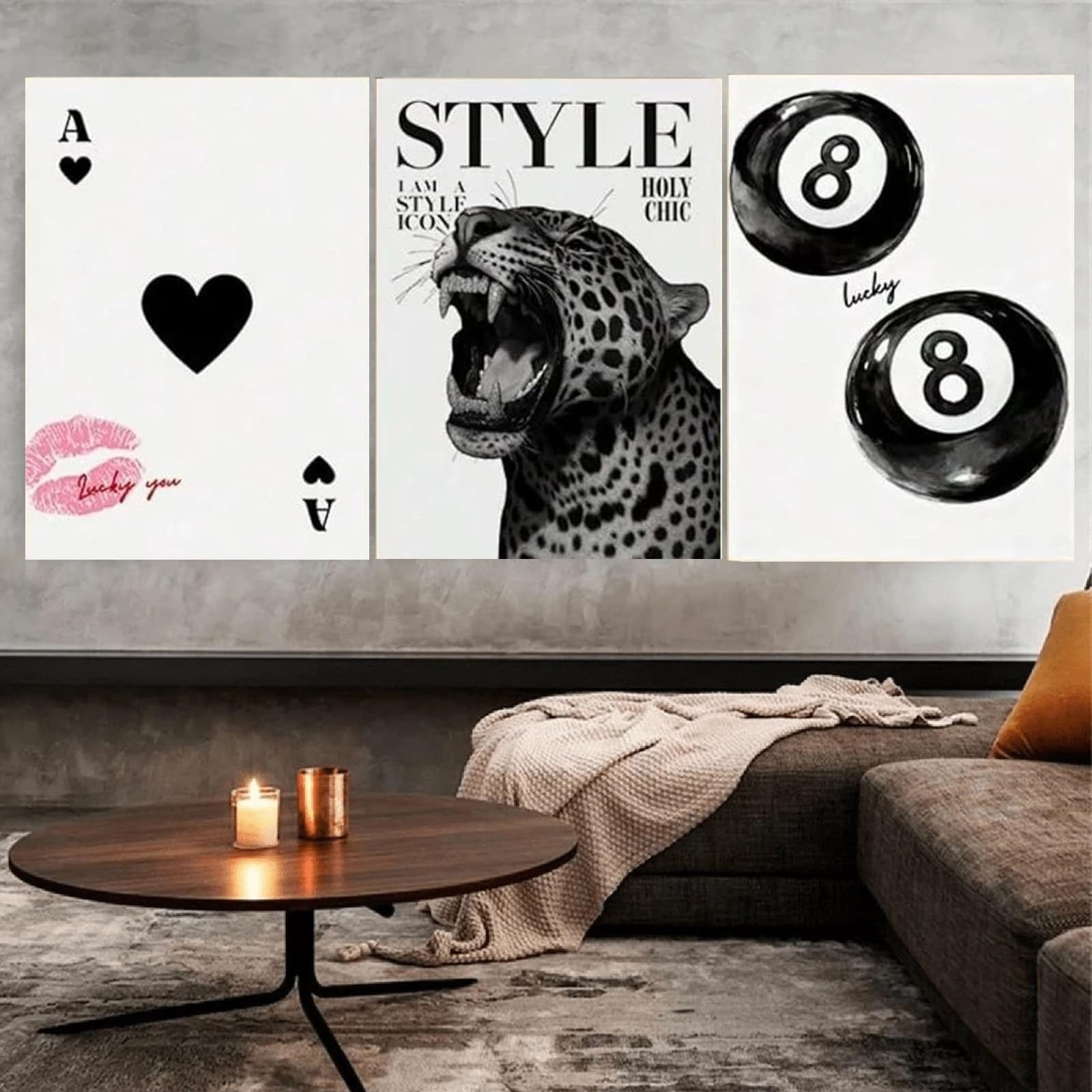 Zbello 30X40cm Set Of 3 Posters, Black-And-White Cheetah Pattern, Leopard Print Posters, Trendy Wall Art, 8 Ball, For Living Room, Bedroom, Office, Hallway Wall Decor, Unframed (30X40cm)