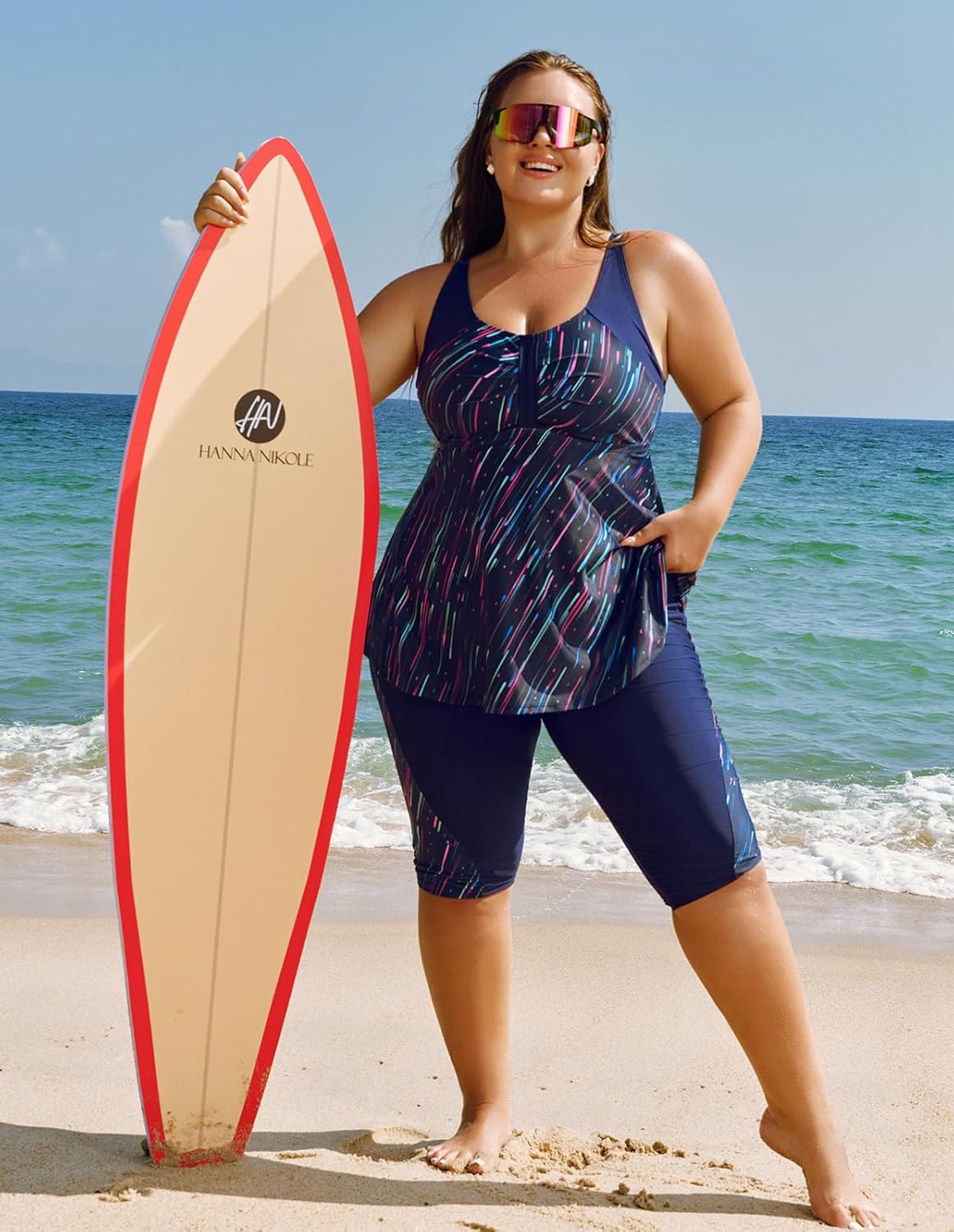 Hanna Nikole Women's Plus Size Tankini Swimsuits Two Piece Bathing Suit Flowy Rash Guard Swimwear with Capris Shorts - Image 3