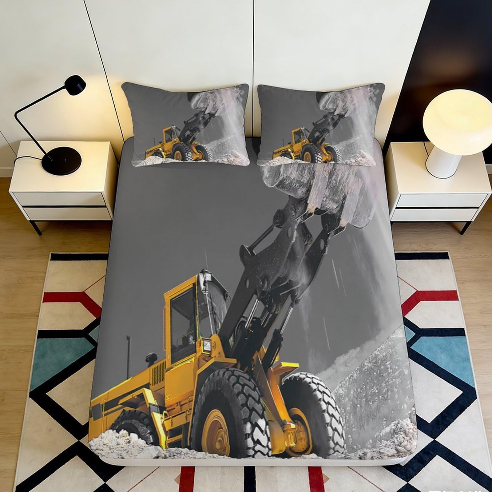 3D Printed Construction Vehicle Fitted Sheet Microfiber Soft Yellow Digger Bed Cover for Bedroom Dorm Decor 90x200x25cm