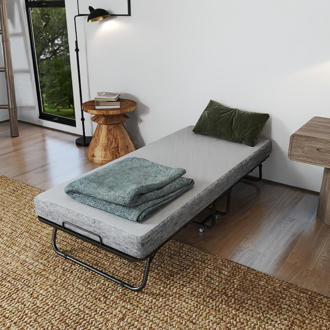 FIVMEN Klappbett 90x200 cm Bett Feldbett Gästebett Klappbar mit 13cm Dicker Schwamm Matratze Tragbar Bettgestell Reisebett mit 4 Laufrollen, bis 200 kg Belastbar