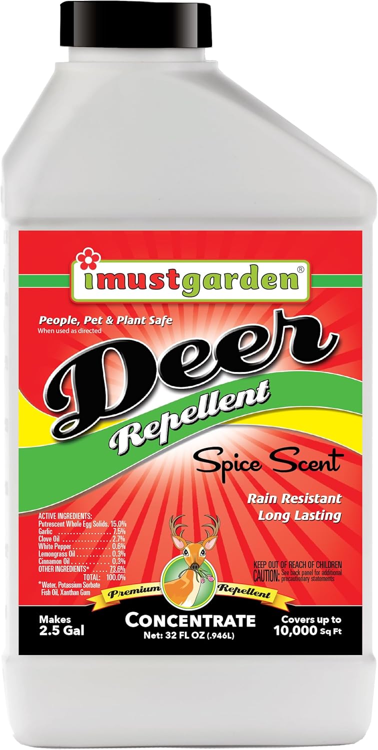 I Must Garden Deer Repellent Concentrate – 32oz: Spice Scent Deer Spray for Plants – Natural Ingredients - Makes 2.5 Gallons, Covers 10,000 sq. ft.
