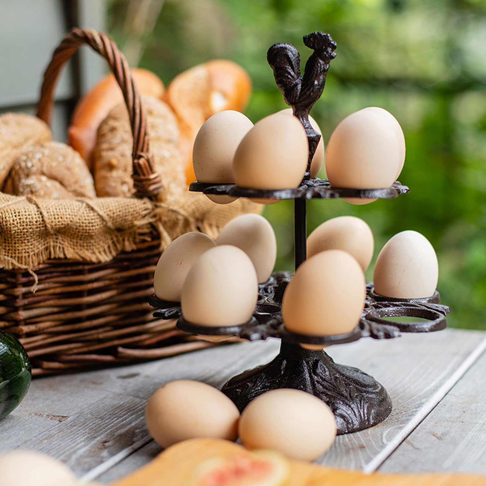 Superficies de fácil limpieza Soporte para huevos de gallo de hierro fundido Diseño retro Granjas Cocinas Organizadores de mostrador Estante para almacenamiento de huevos Organizadores prácticos