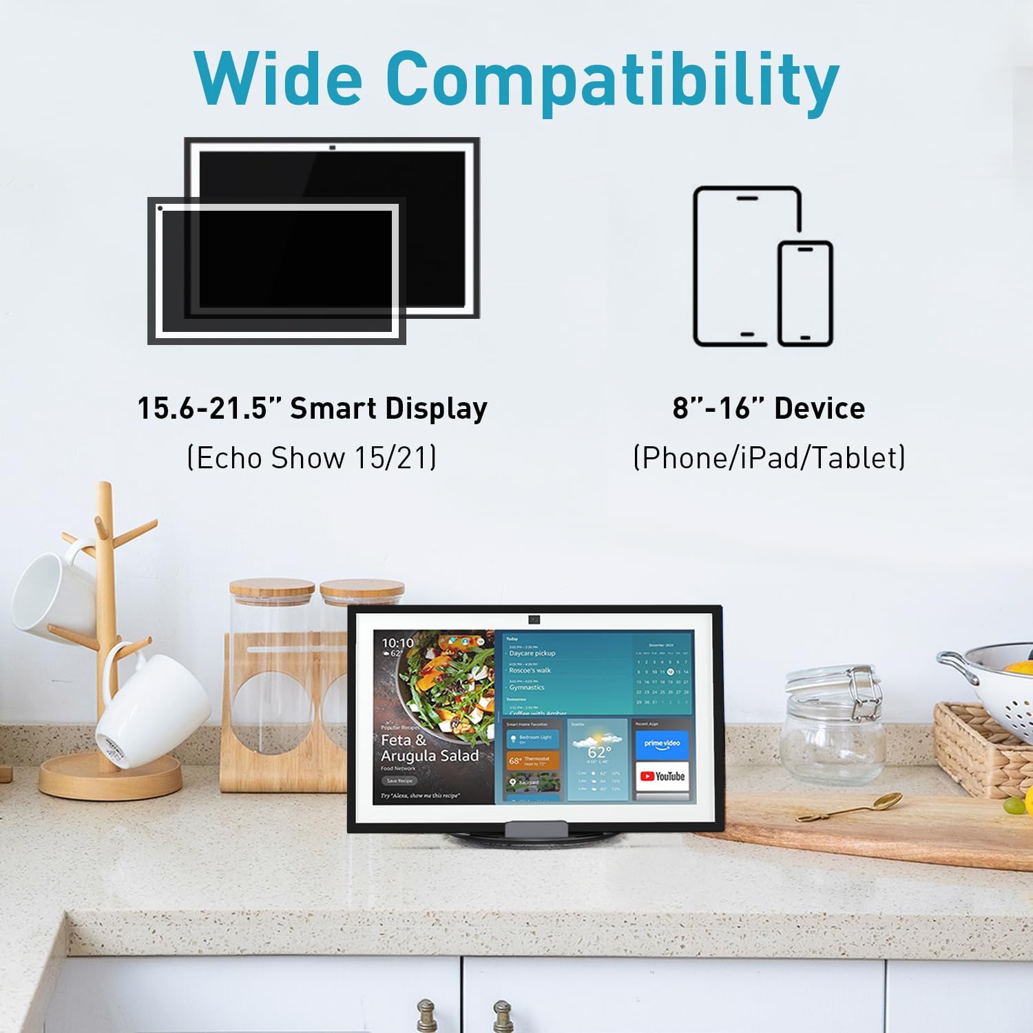Tilt and Swivel Stand for Echo Show 15, Make of Aluminum Alloy, Rotatable and Foldable, Echo Show 15 Mount Suitable for 8"-16" Tablet/iPad, Work for Portrait Landscape Mode, Black
